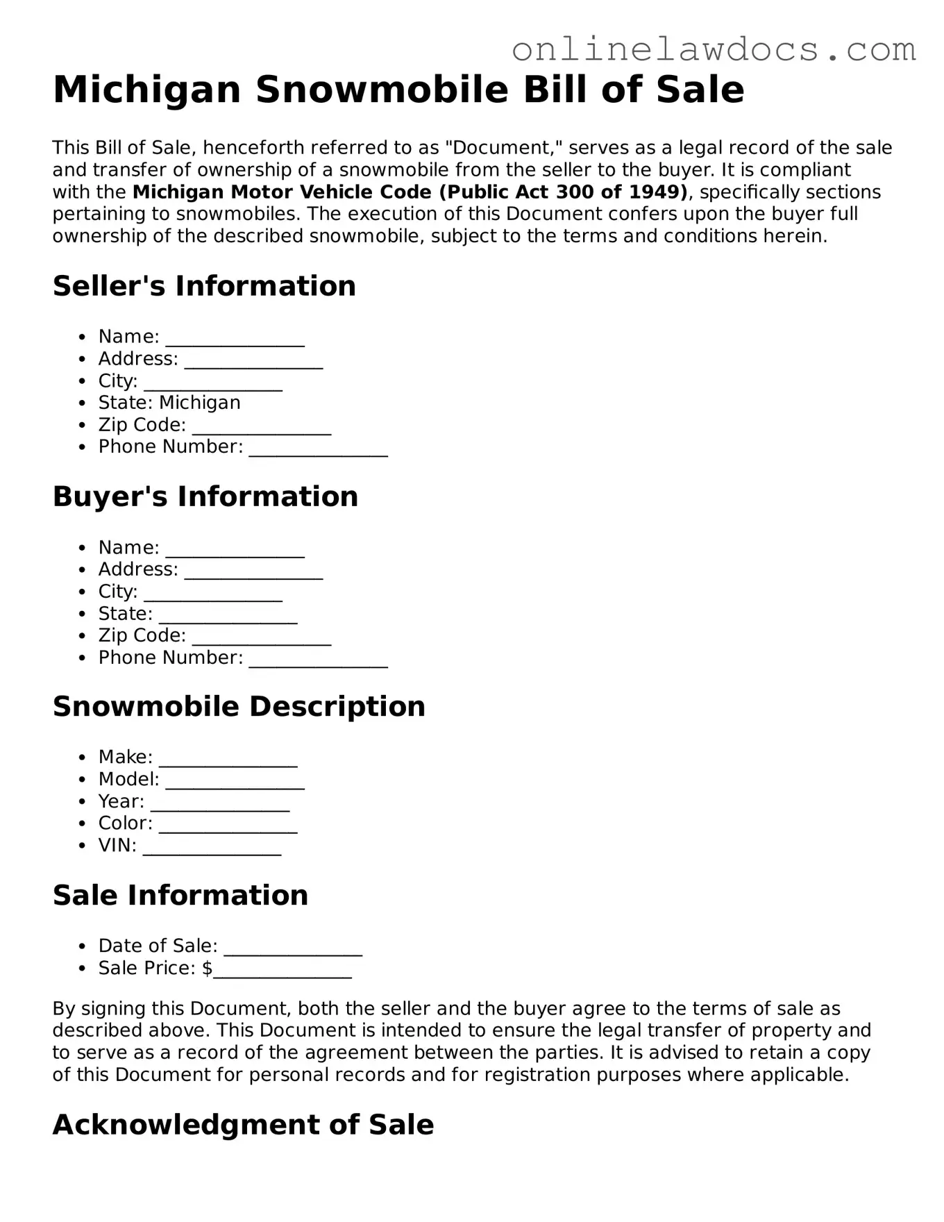 Legal  Snowmobile Bill of Sale Document for Michigan