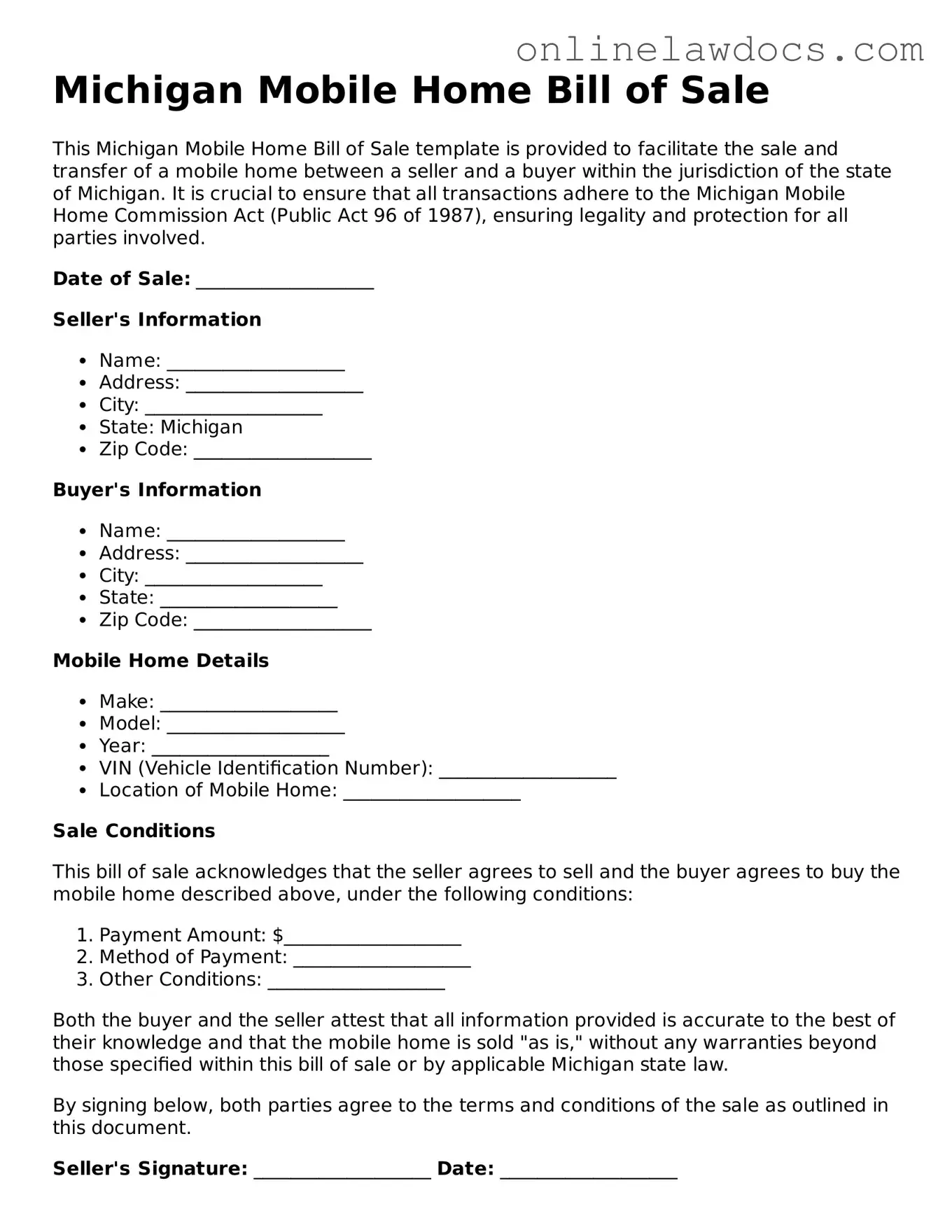 Legal  Mobile Home Bill of Sale Document for Michigan