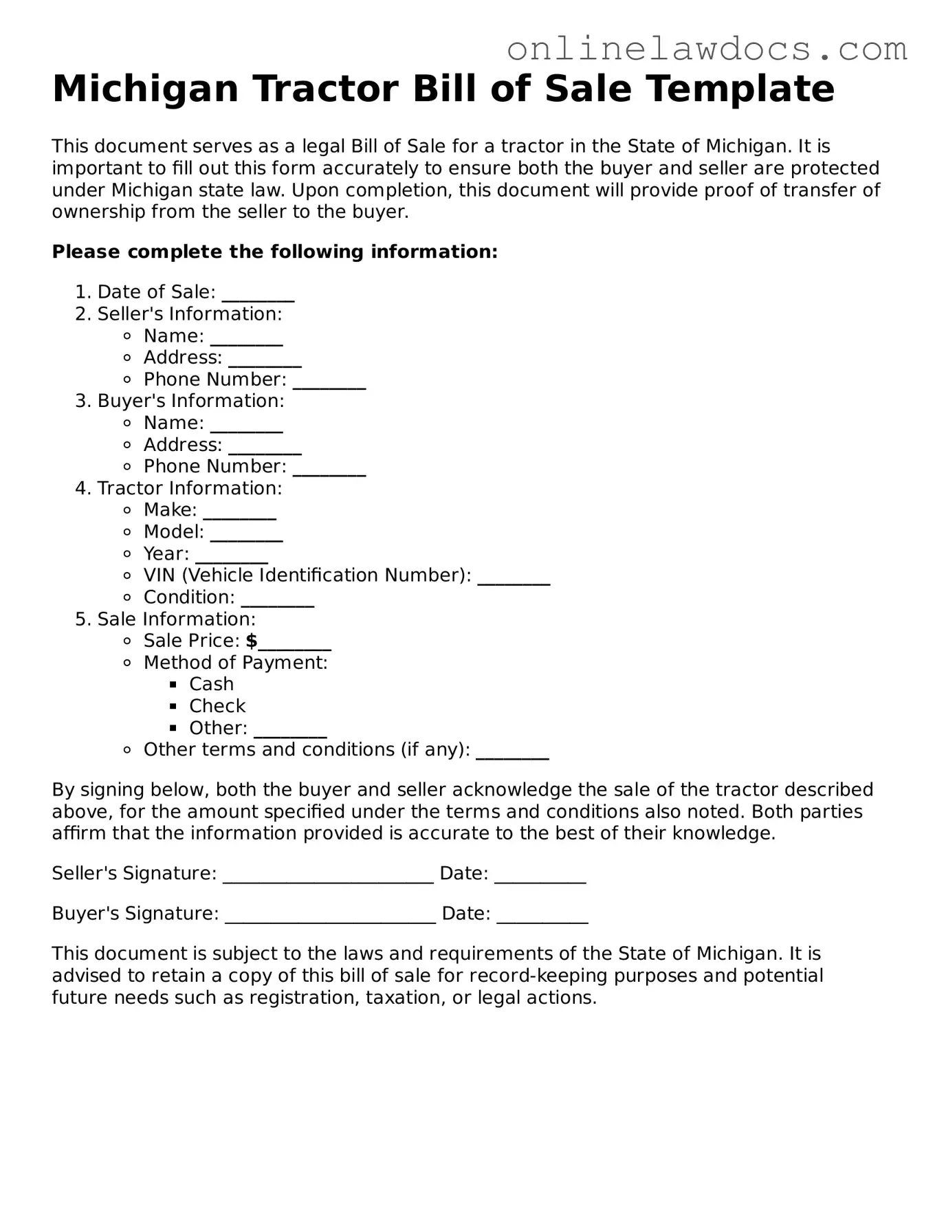 Legal  Tractor Bill of Sale Document for Michigan