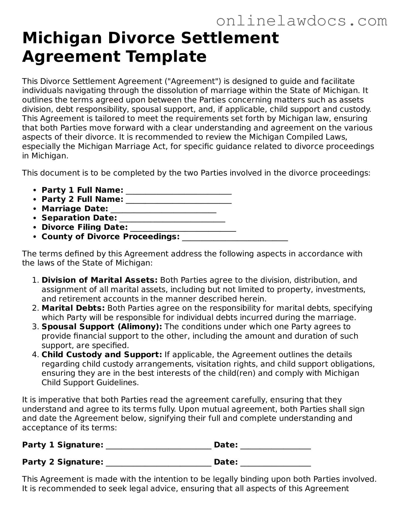 Legal  Divorce Settlement Agreement Document for Michigan