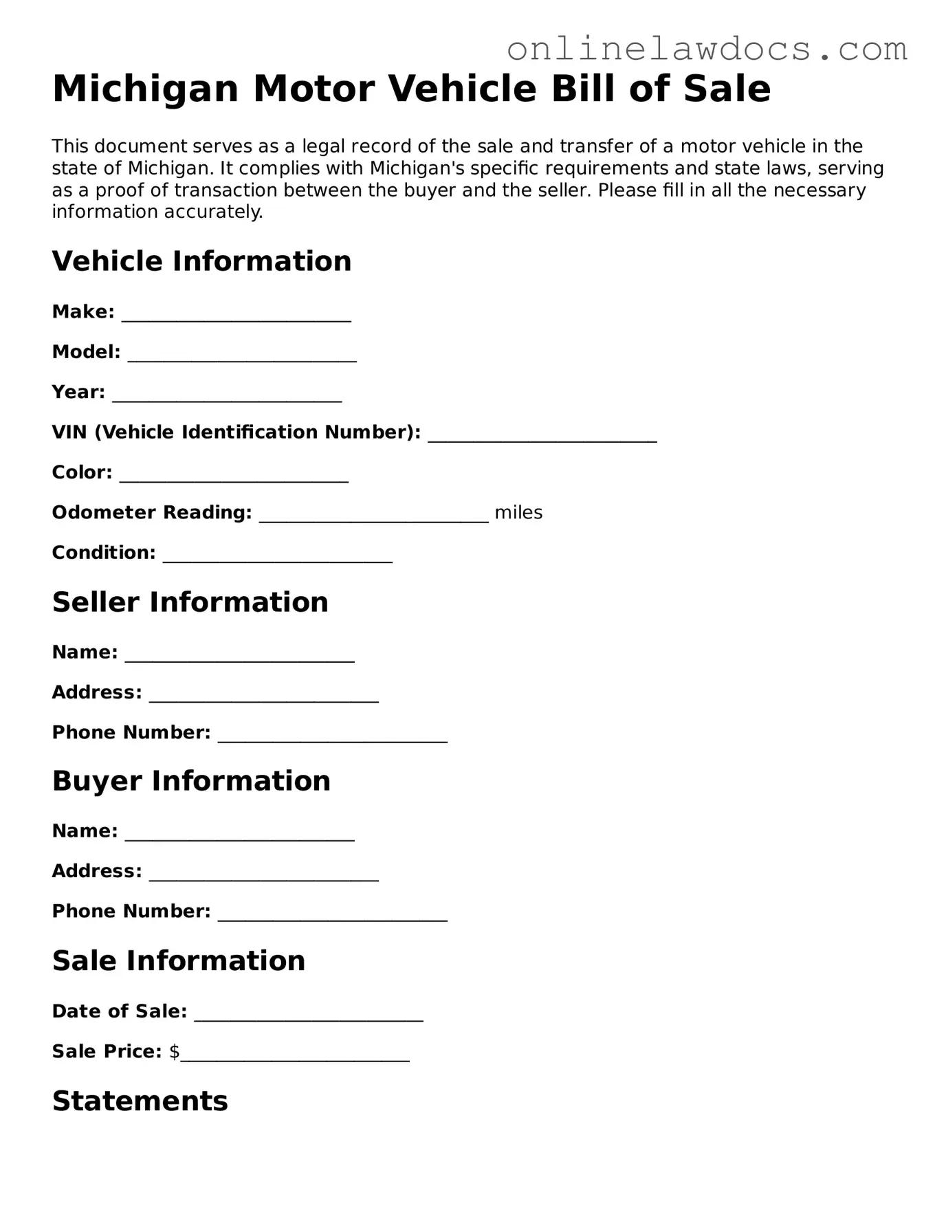 Legal  Motor Vehicle Bill of Sale Document for Michigan