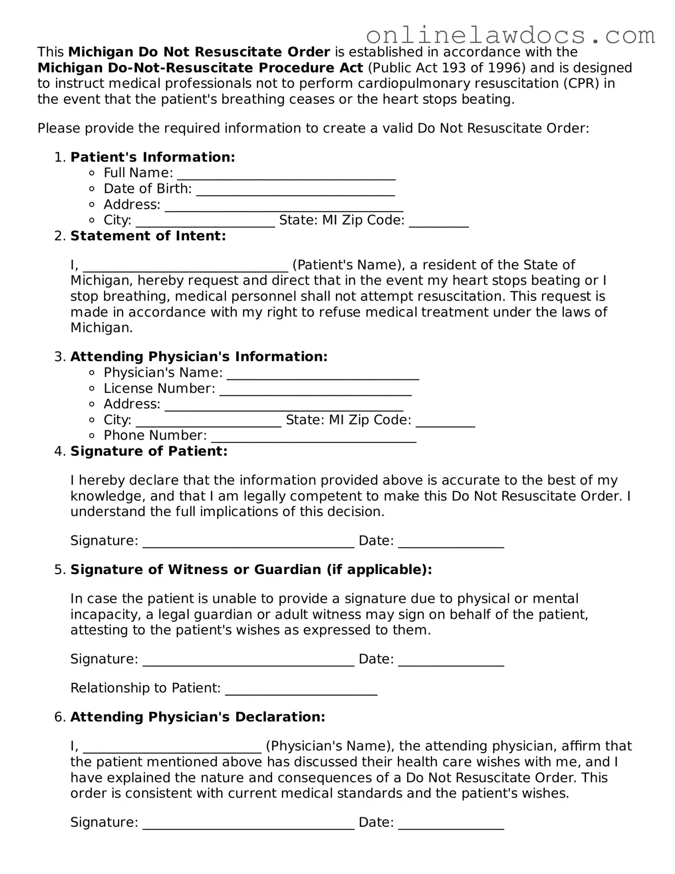 Legal  Do Not Resuscitate Order Document for Michigan
