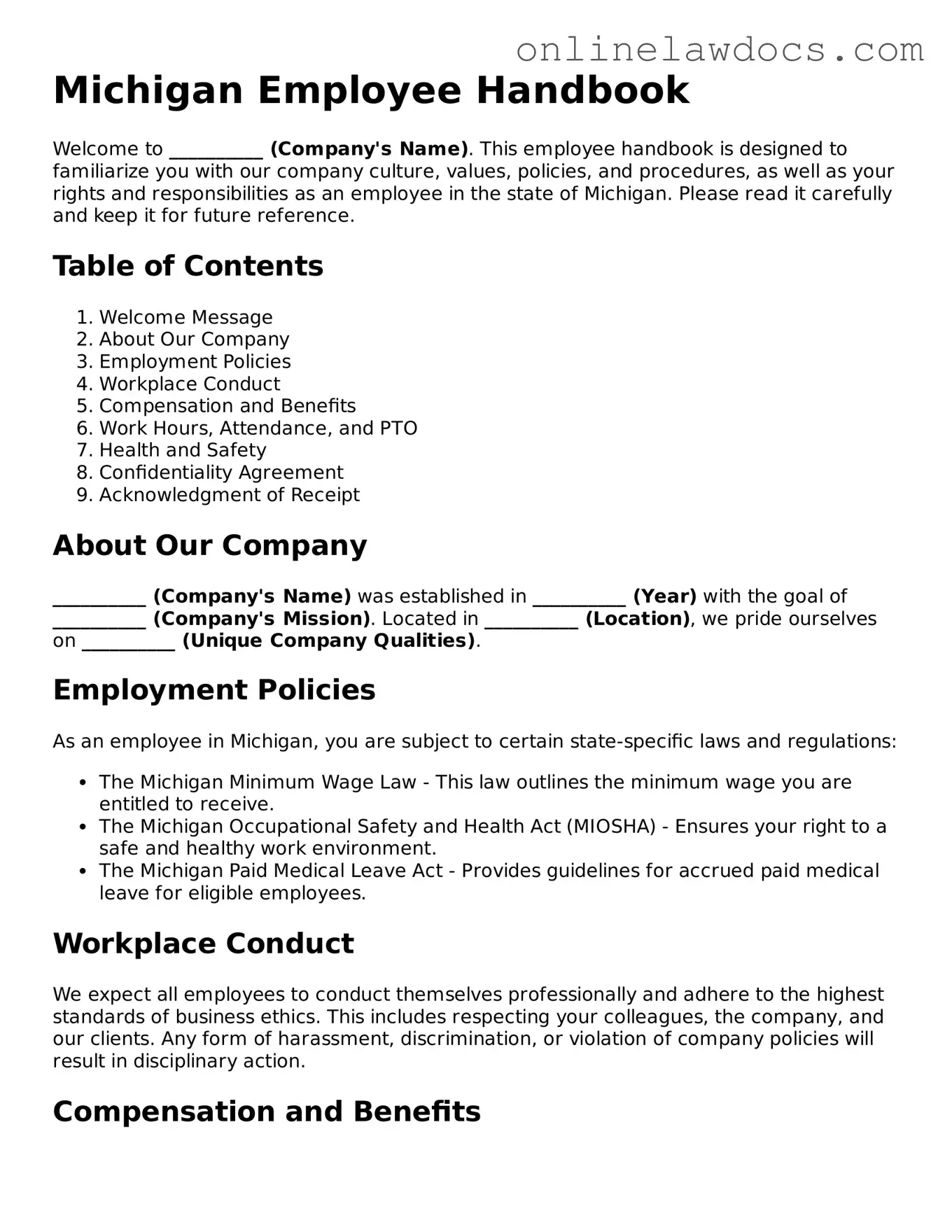 Legal  Employee Handbook Document for Michigan