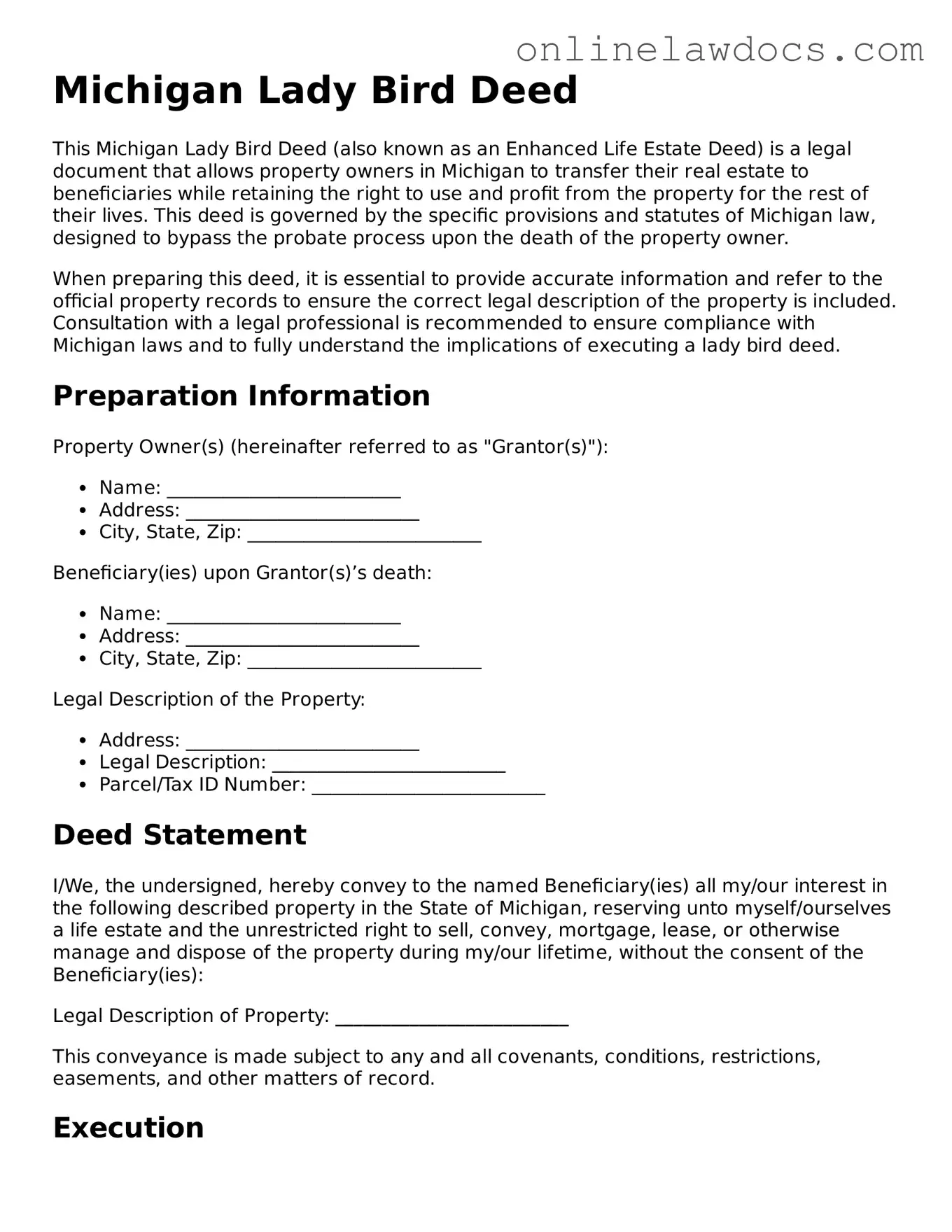 Legal  Lady Bird Deed Document for Michigan