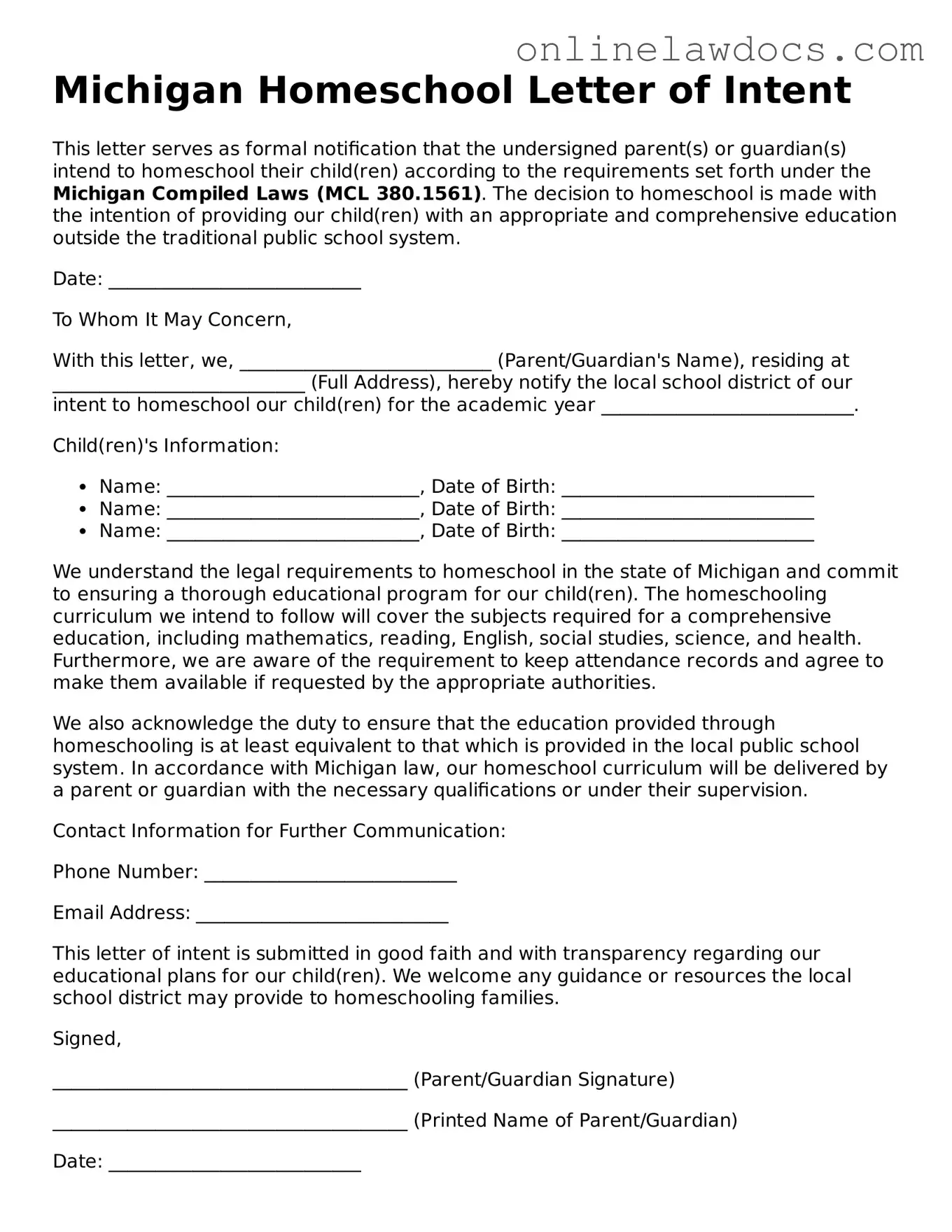 Legal  Homeschool Letter of Intent Document for Michigan