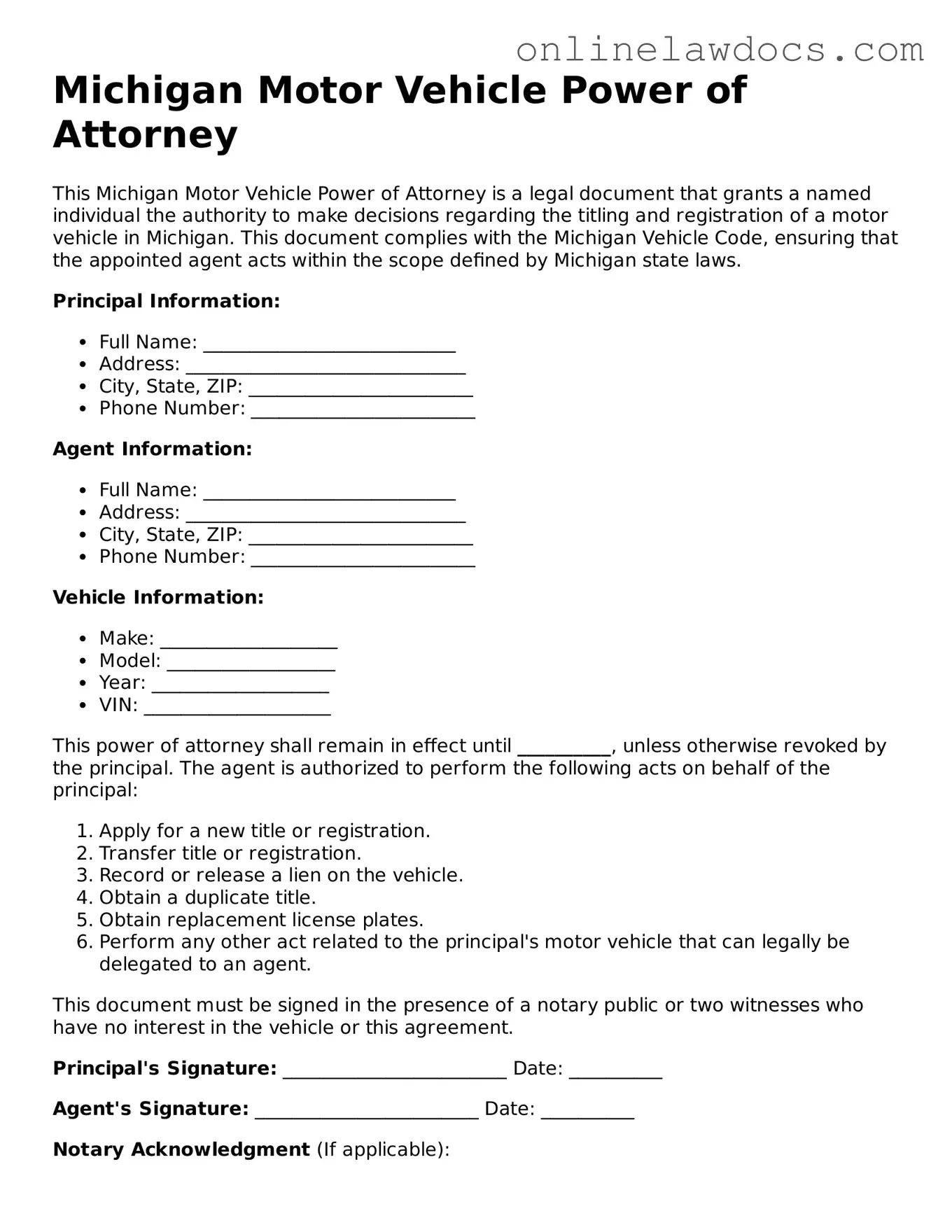Legal  Motor Vehicle Power of Attorney Document for Michigan