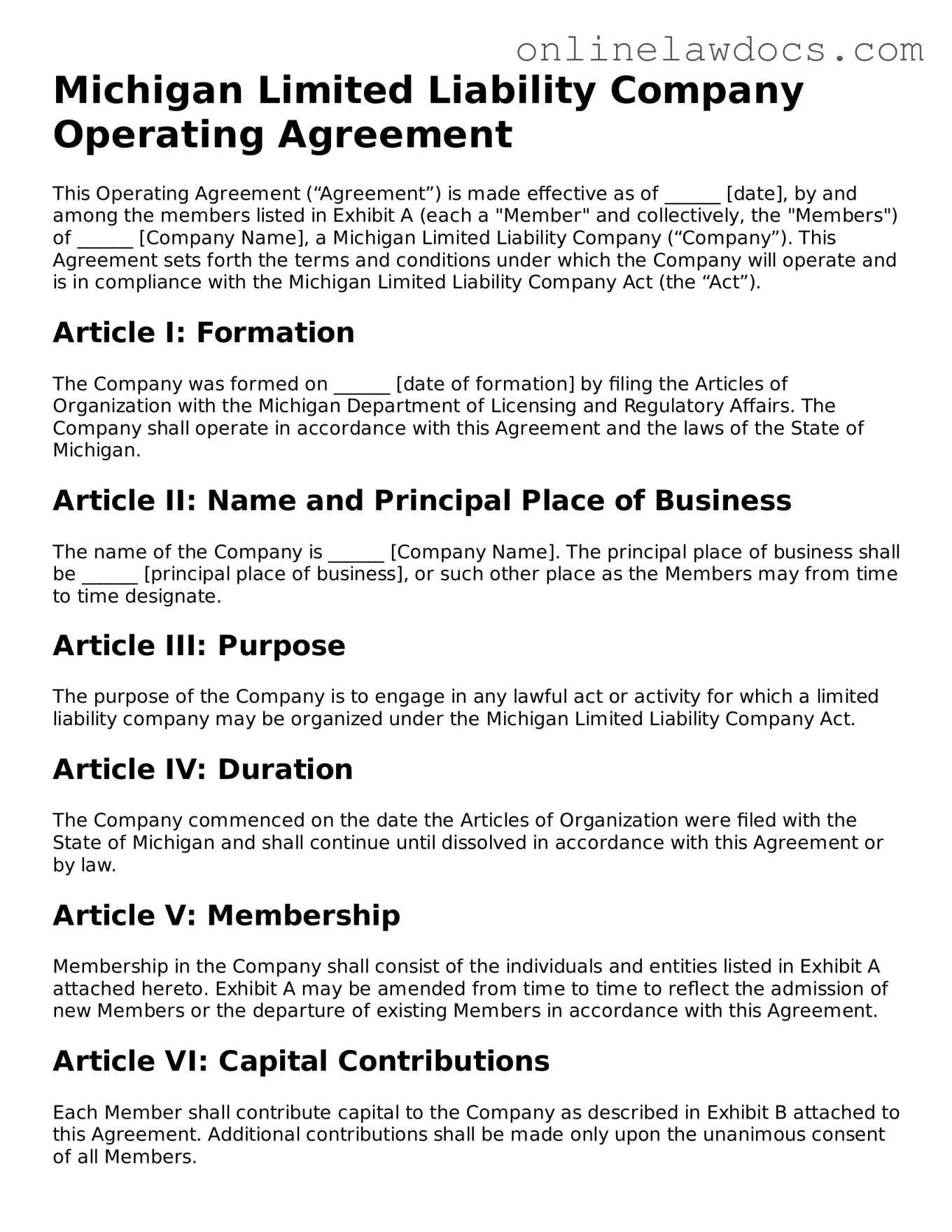 Legal  Operating Agreement Document for Michigan