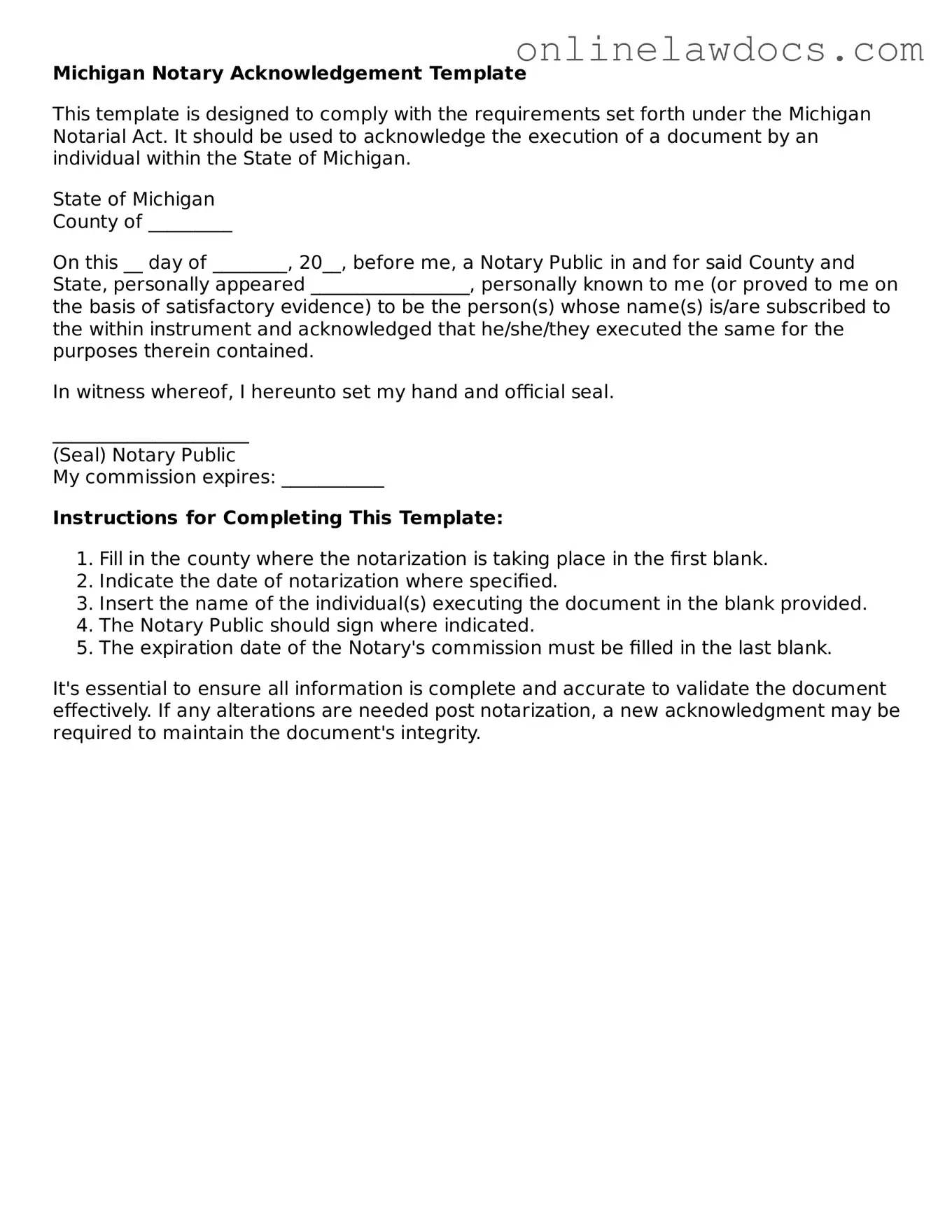 Legal  Notary Acknowledgement Document for Michigan