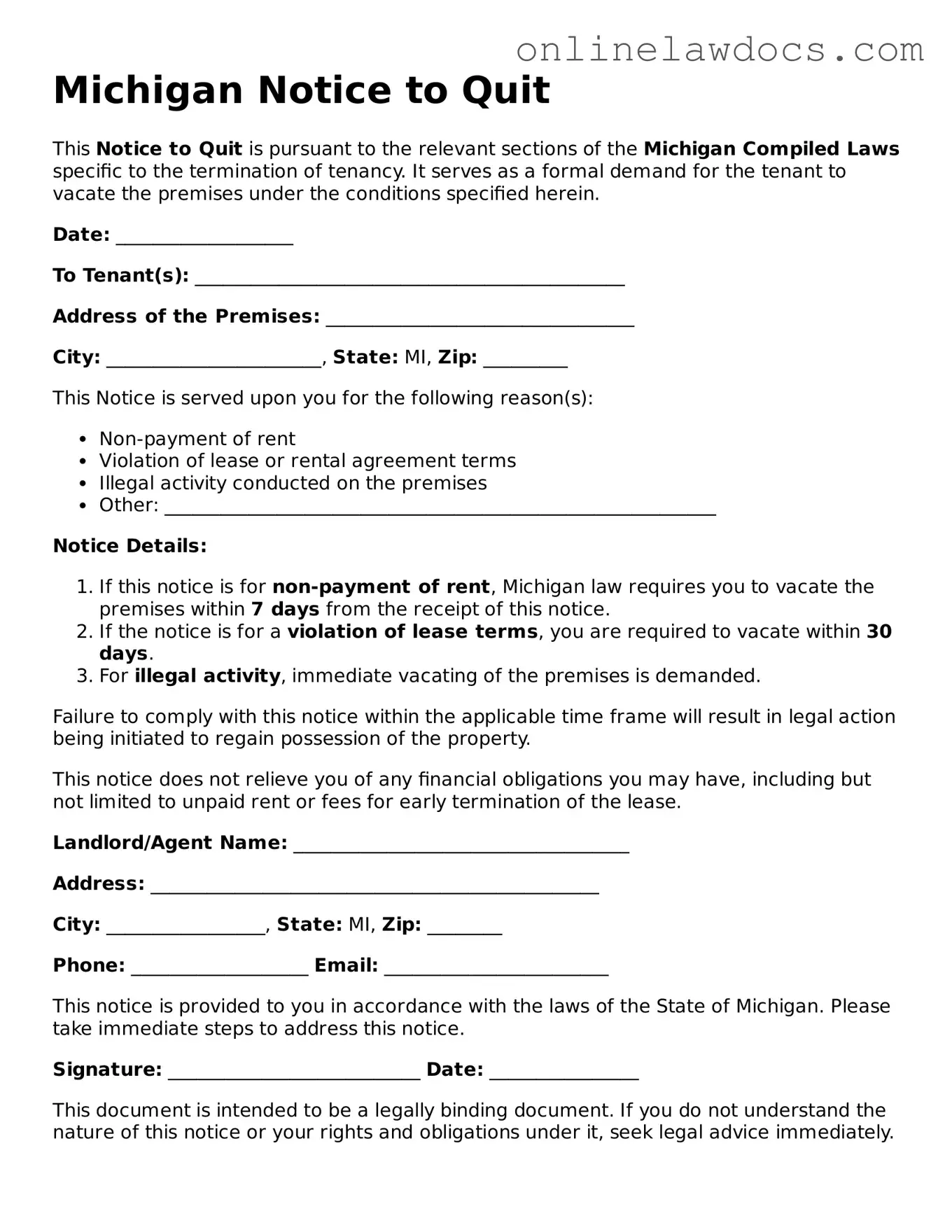Legal  Notice to Quit Document for Michigan