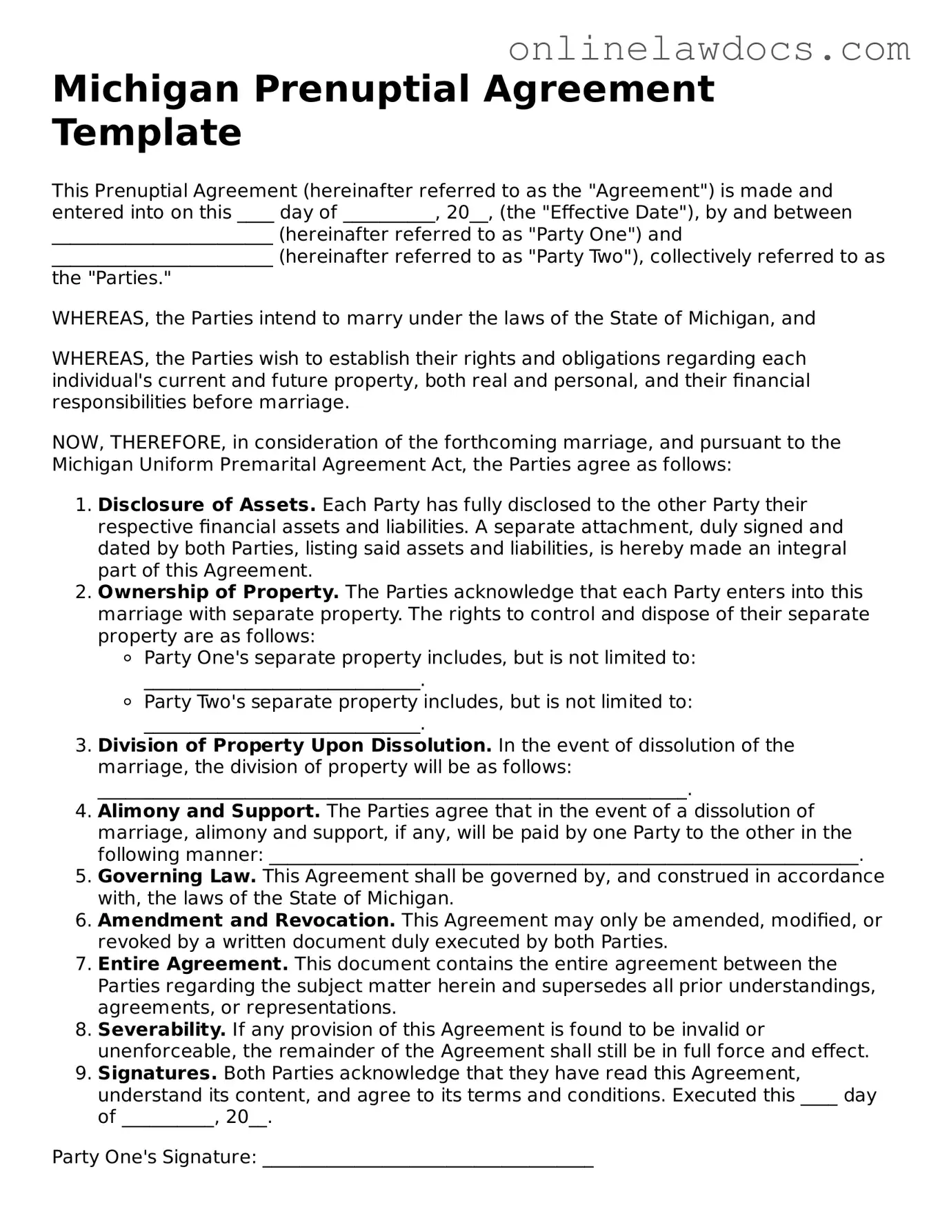 Legal  Prenuptial Agreement Document for Michigan