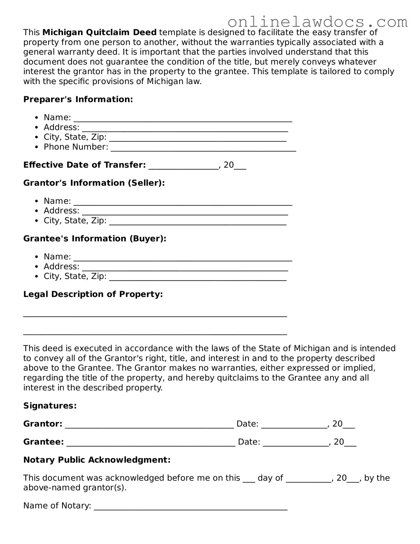 Legal  Quitclaim Deed Document for Michigan
