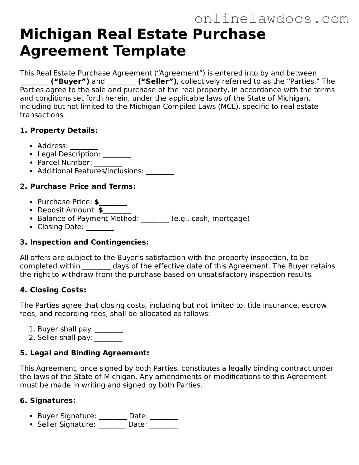 Legal  Real Estate Purchase Agreement Document for Michigan