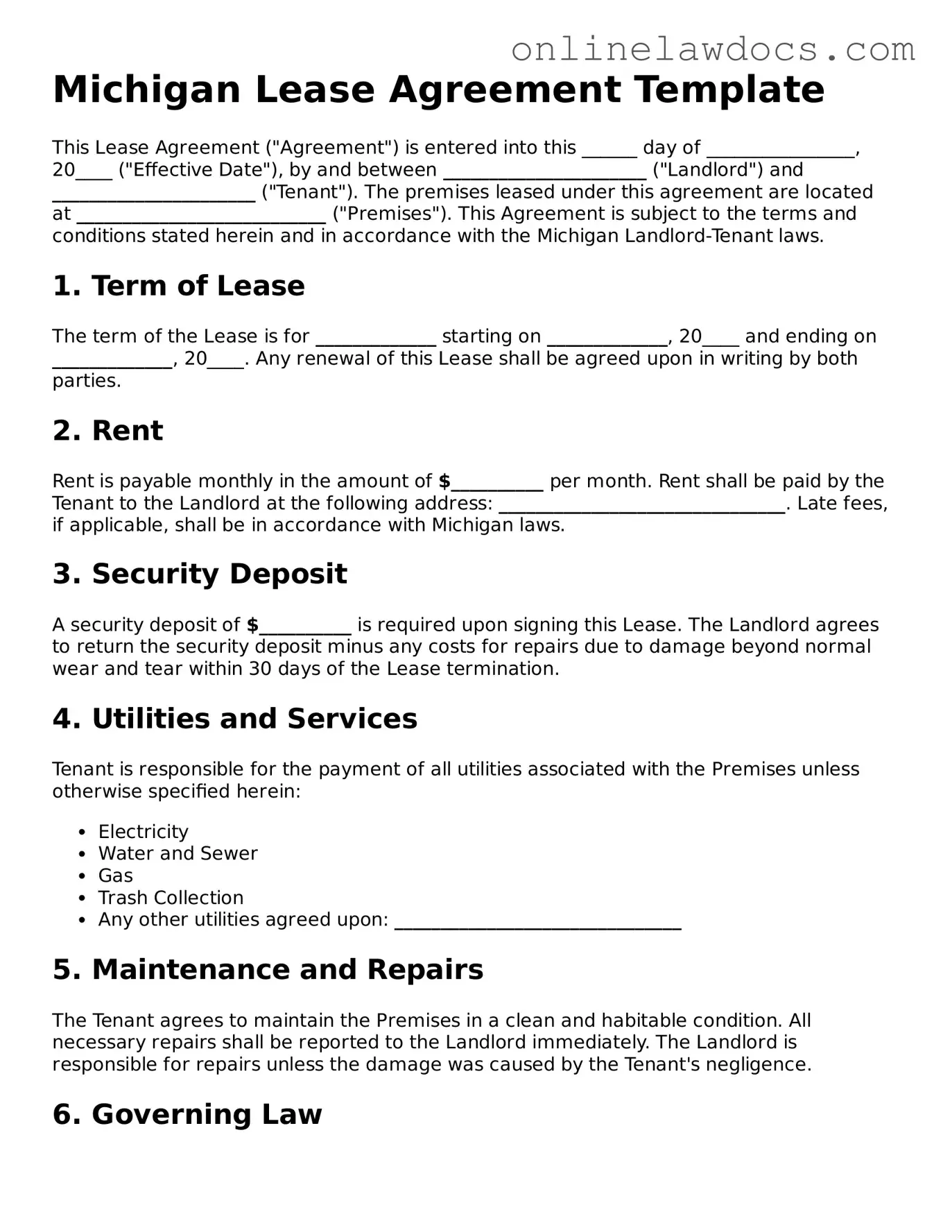 Legal  Lease Agreement Document for Michigan
