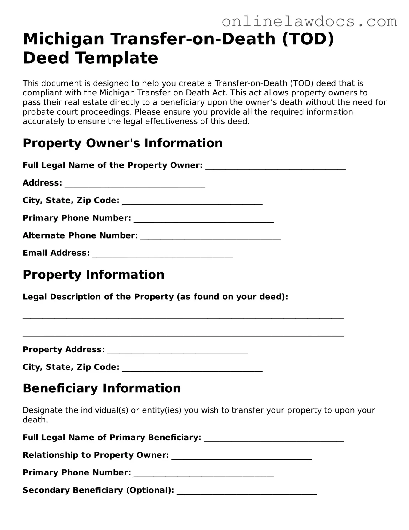 Legal  Transfer-on-Death Deed Document for Michigan