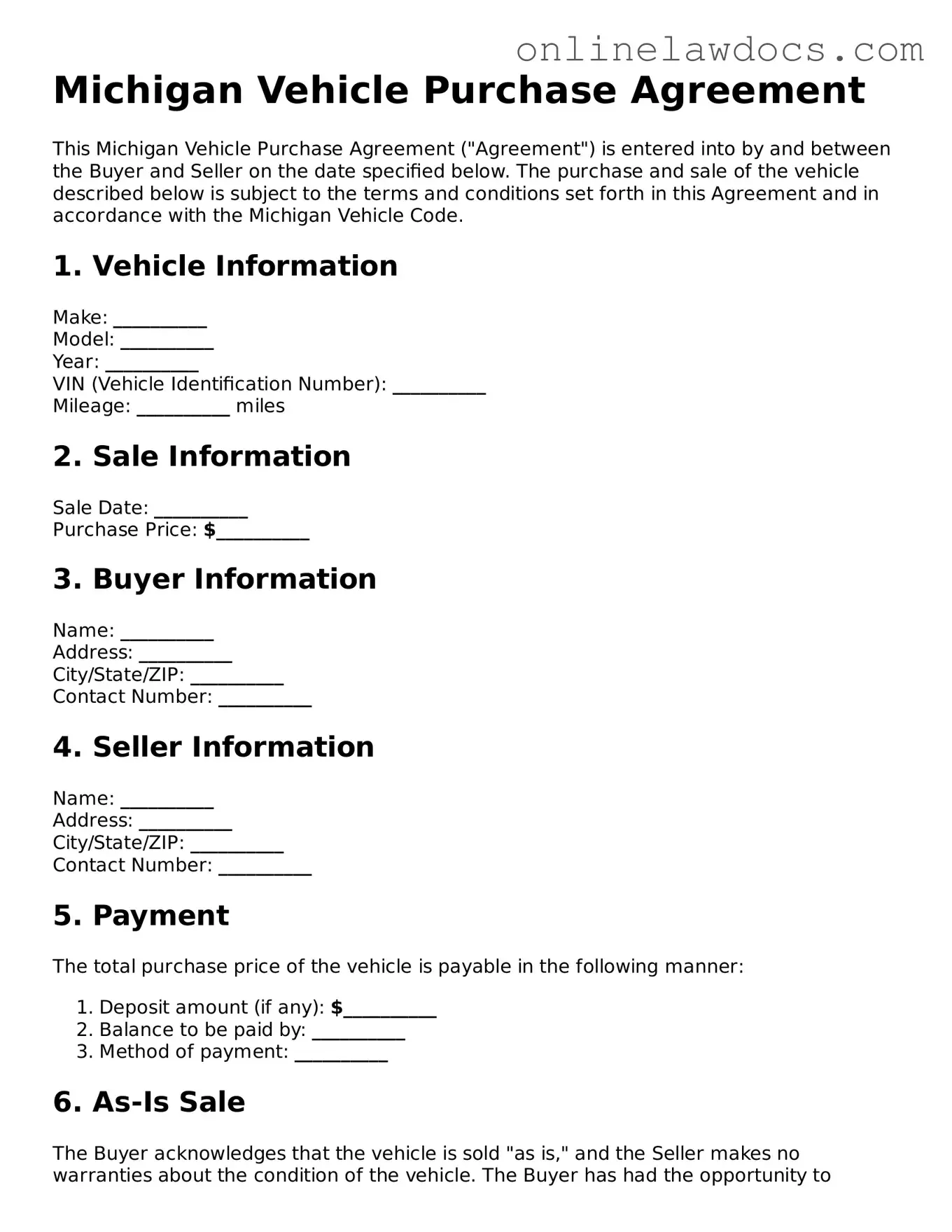 Legal  Vehicle Purchase Agreement Document for Michigan