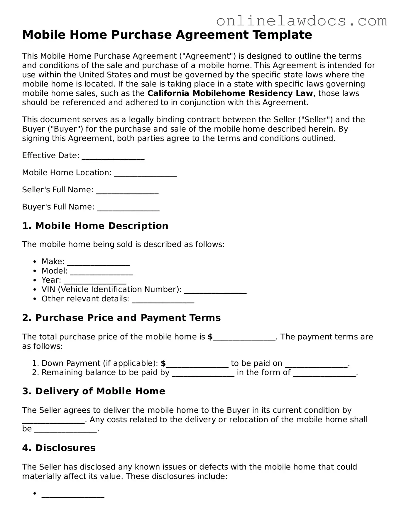 Free Mobile Home Purchase Agreement Document