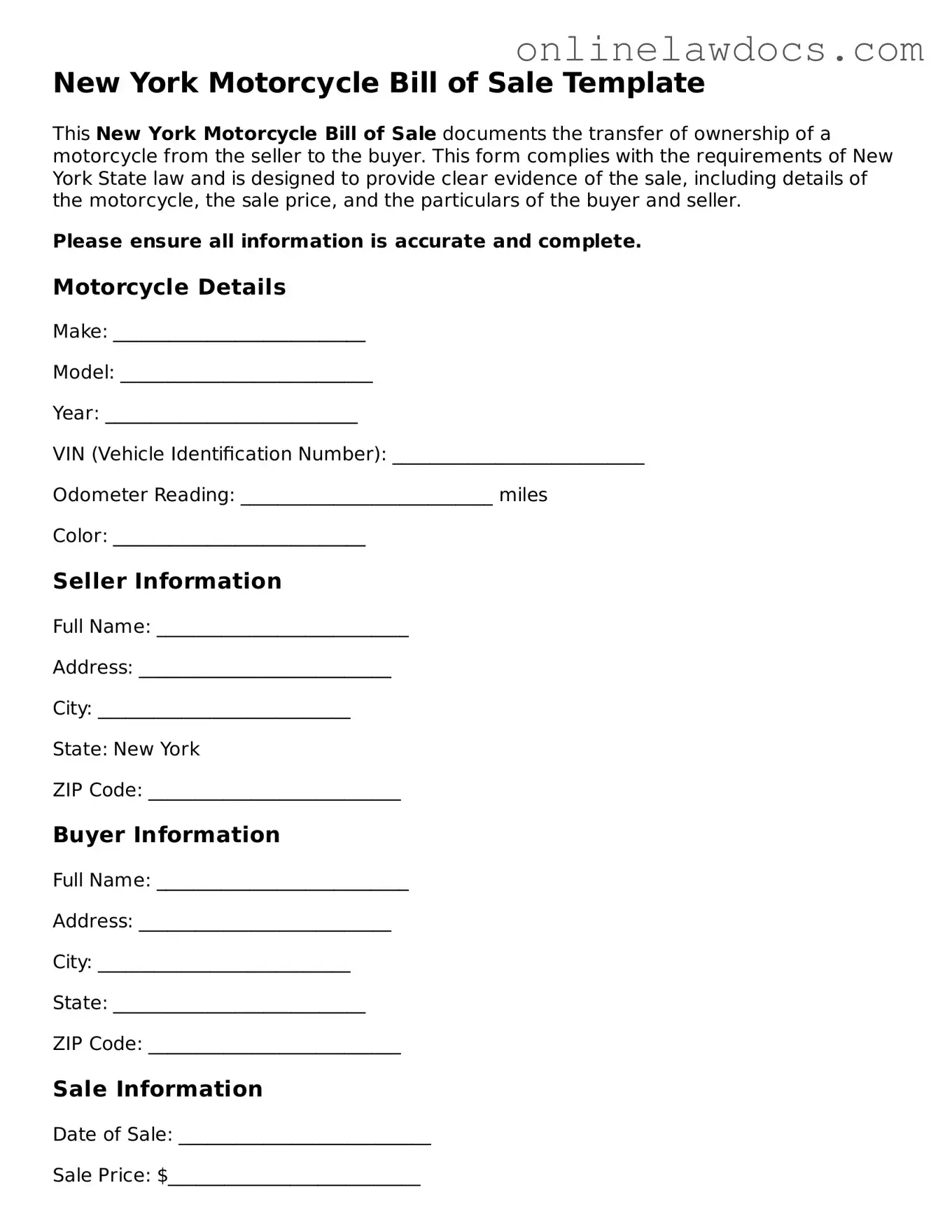 Legal  Motorcycle Bill of Sale Document for New York