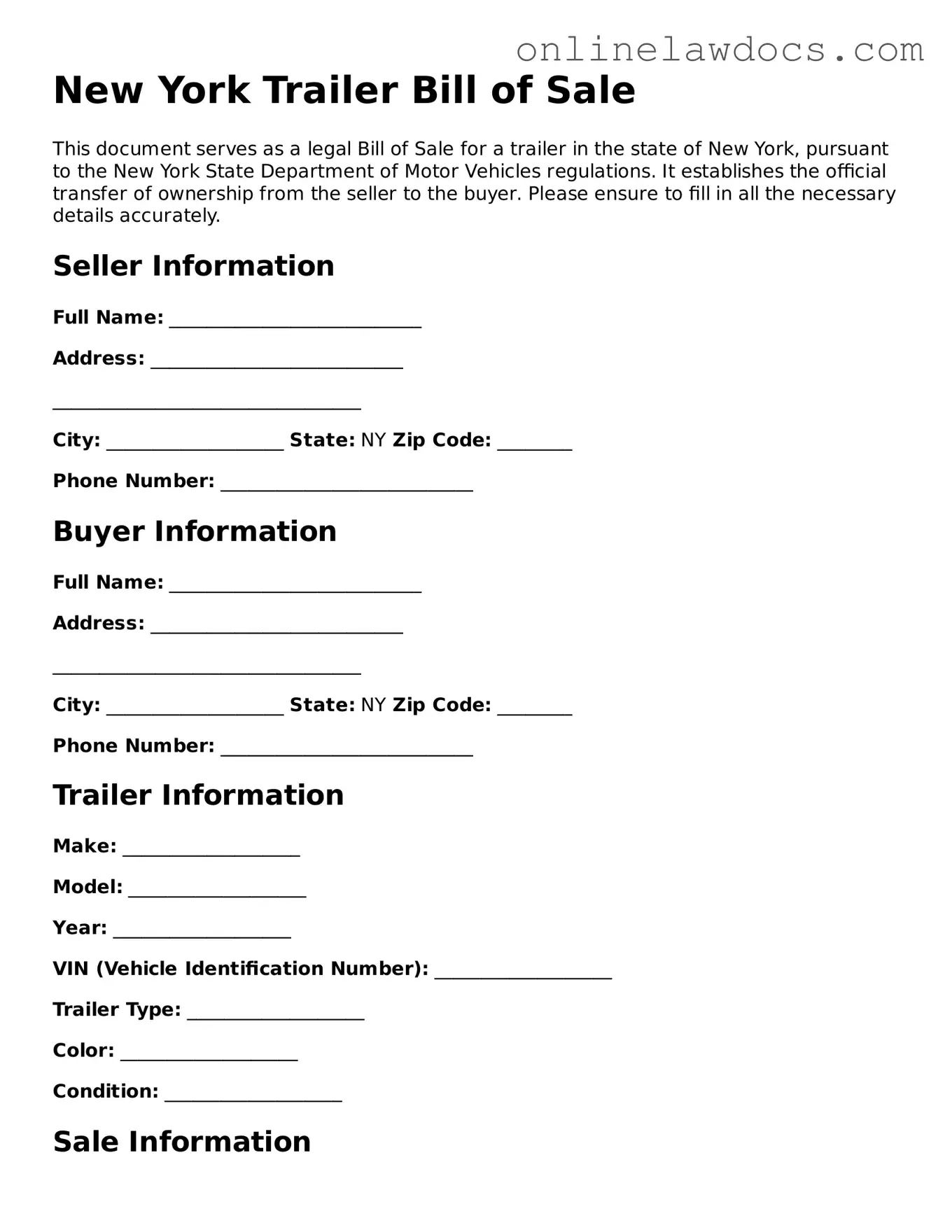 Legal  Trailer Bill of Sale Document for New York