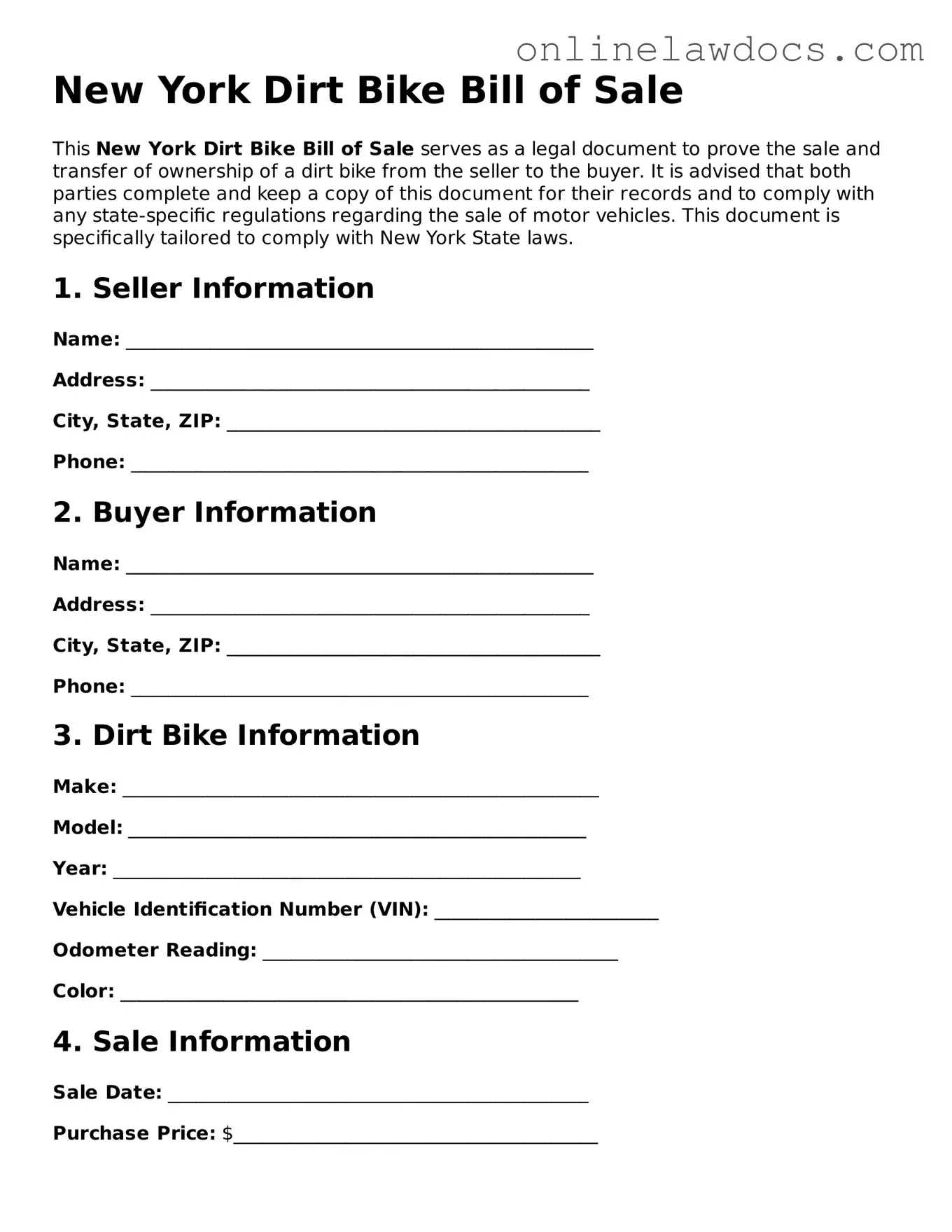 Legal  Dirt Bike Bill of Sale Document for New York