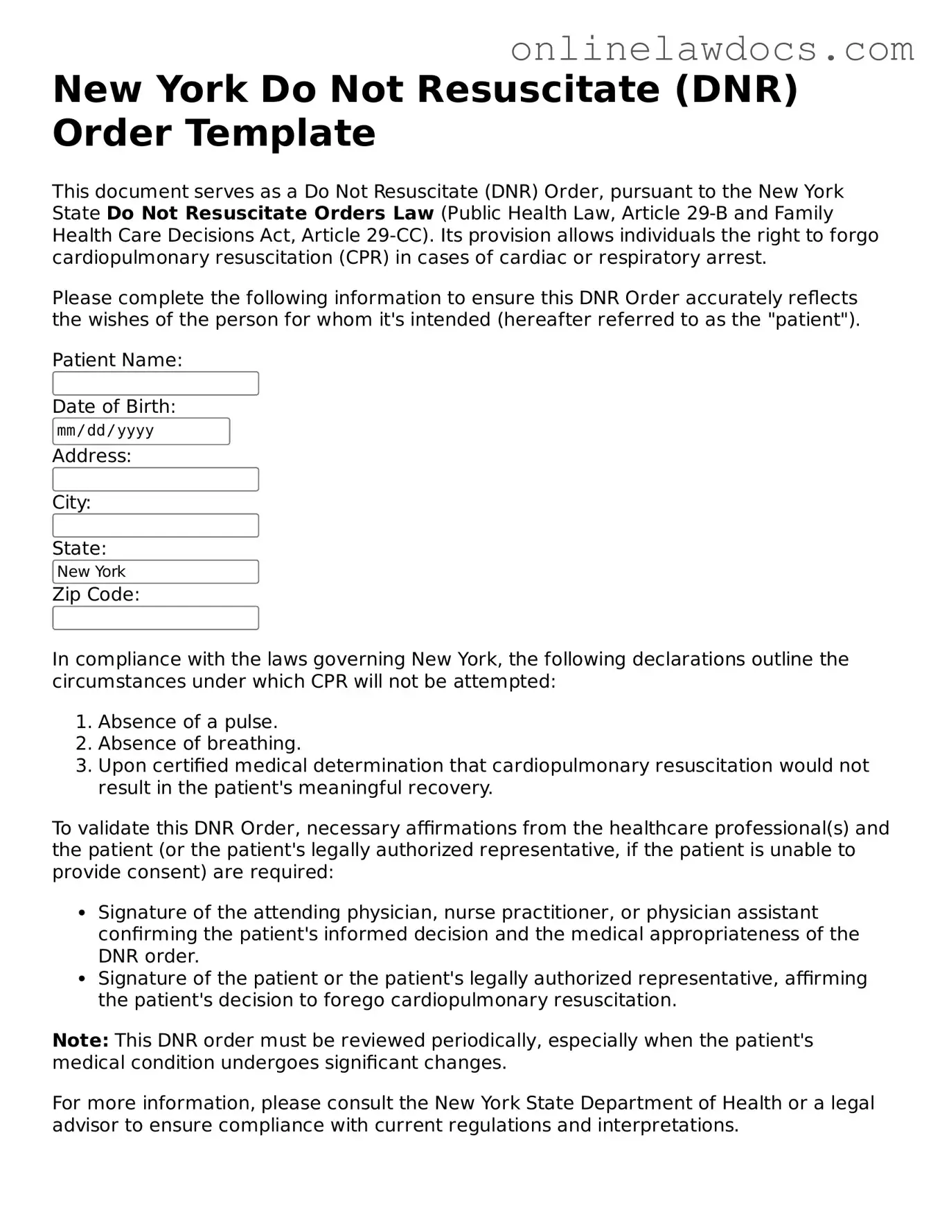 Legal  Do Not Resuscitate Order Document for New York