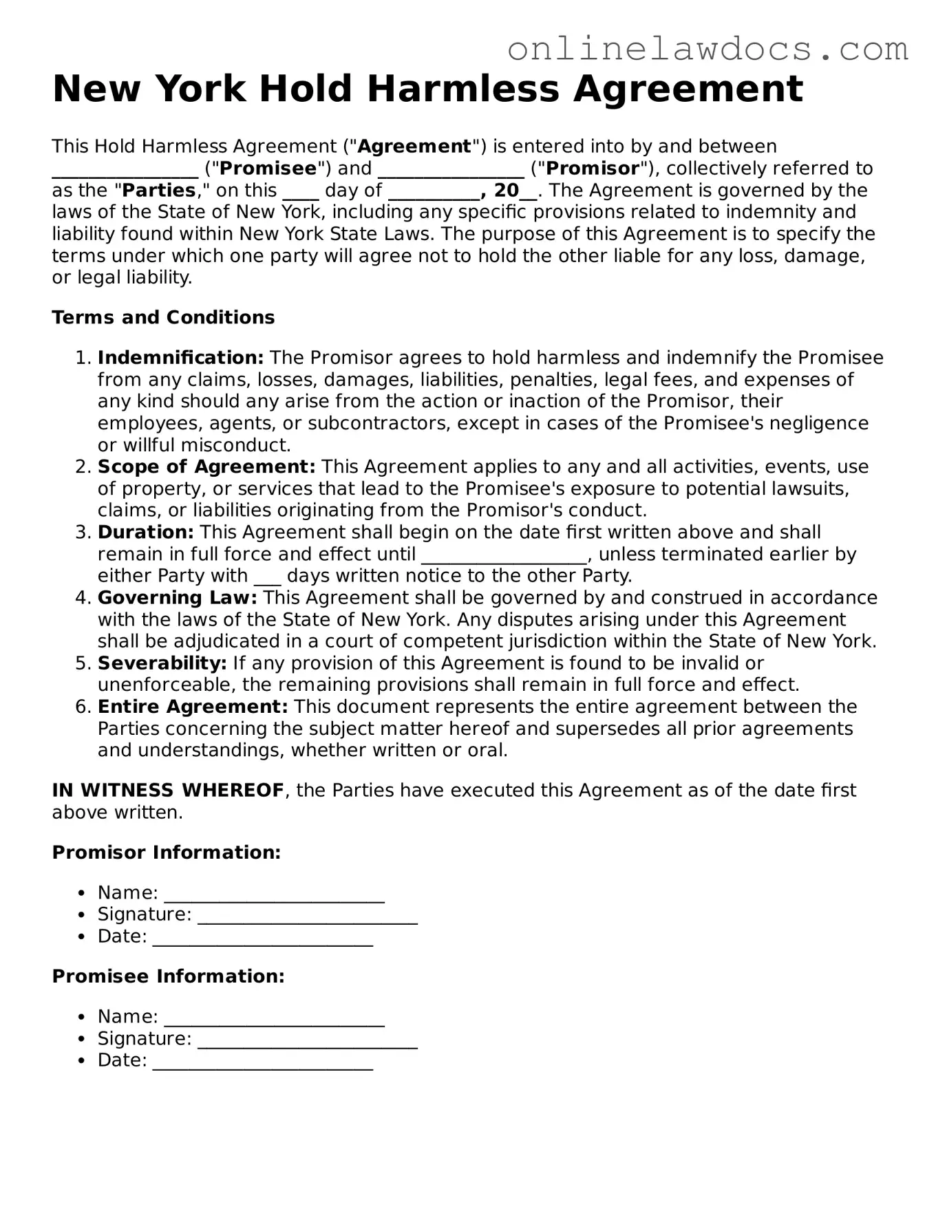 Legal  Hold Harmless Agreement Document for New York