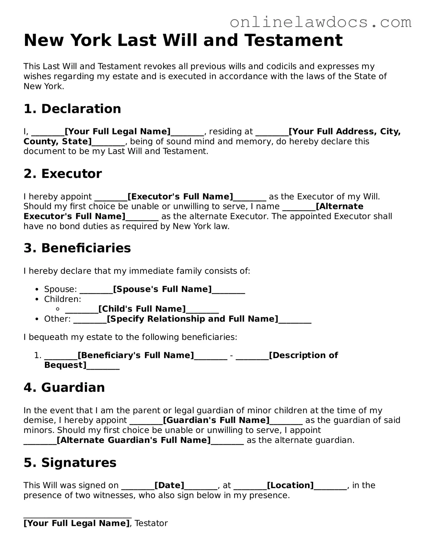 Legal  Last Will and Testament Document for New York