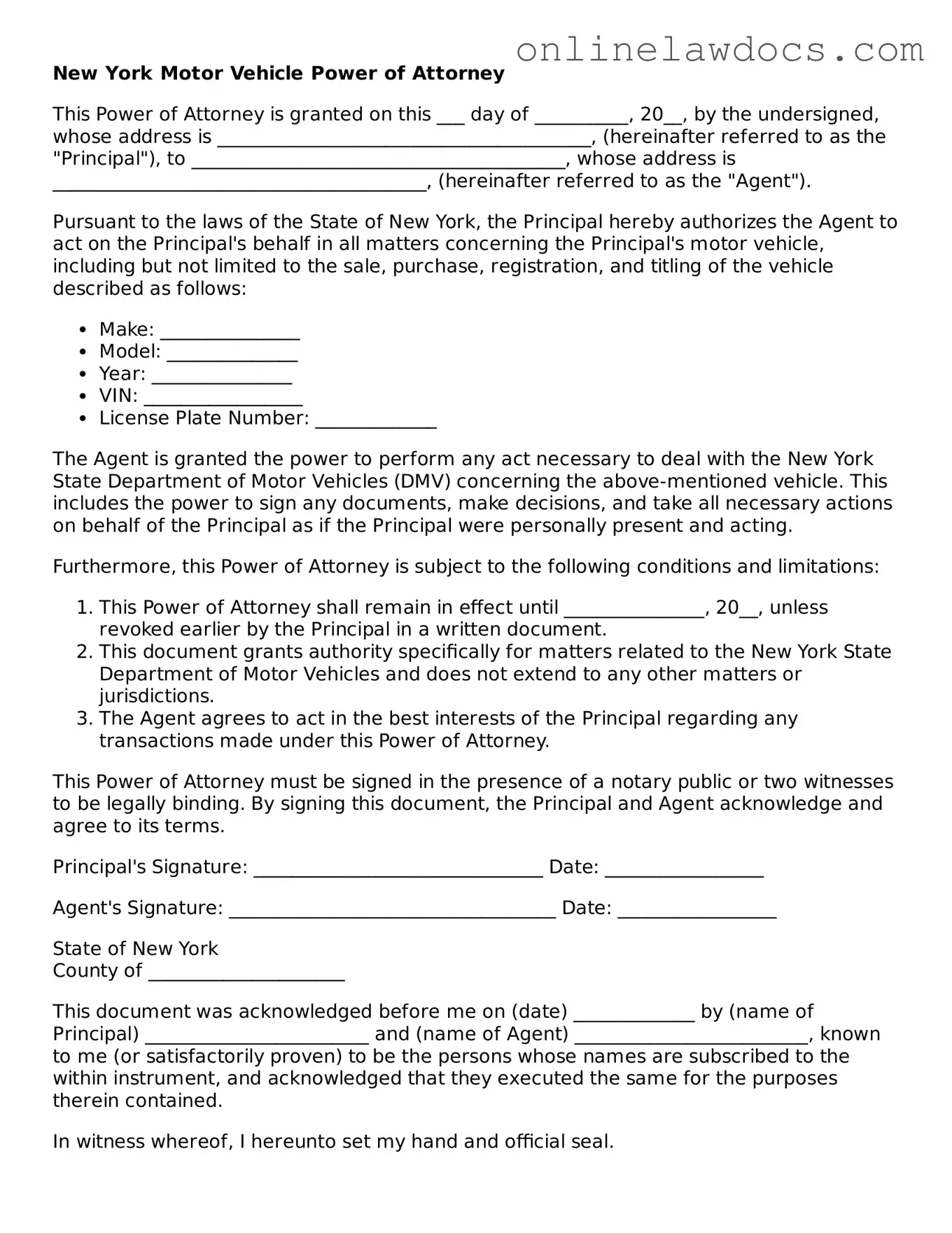 Legal  Motor Vehicle Power of Attorney Document for New York