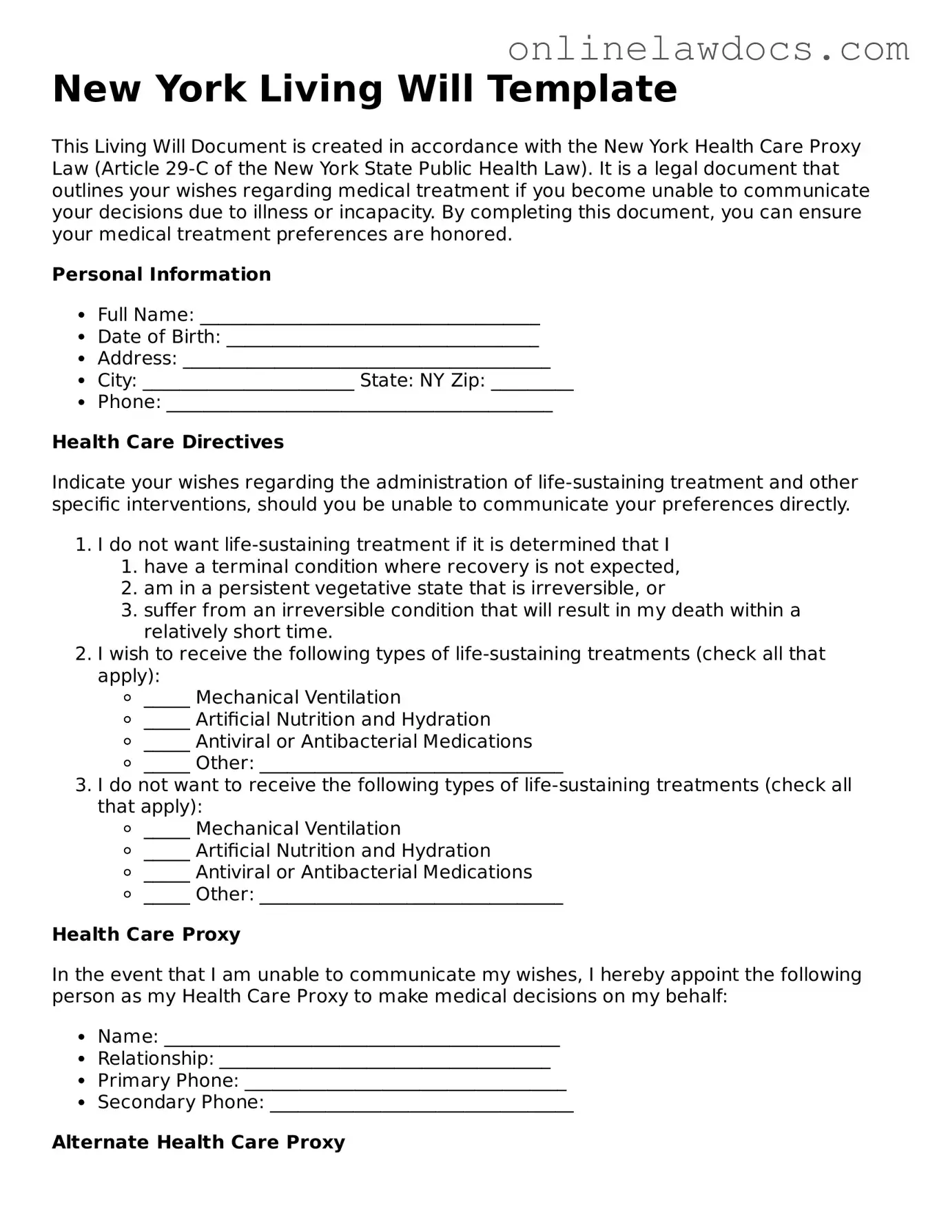 Legal  Living Will Document for New York