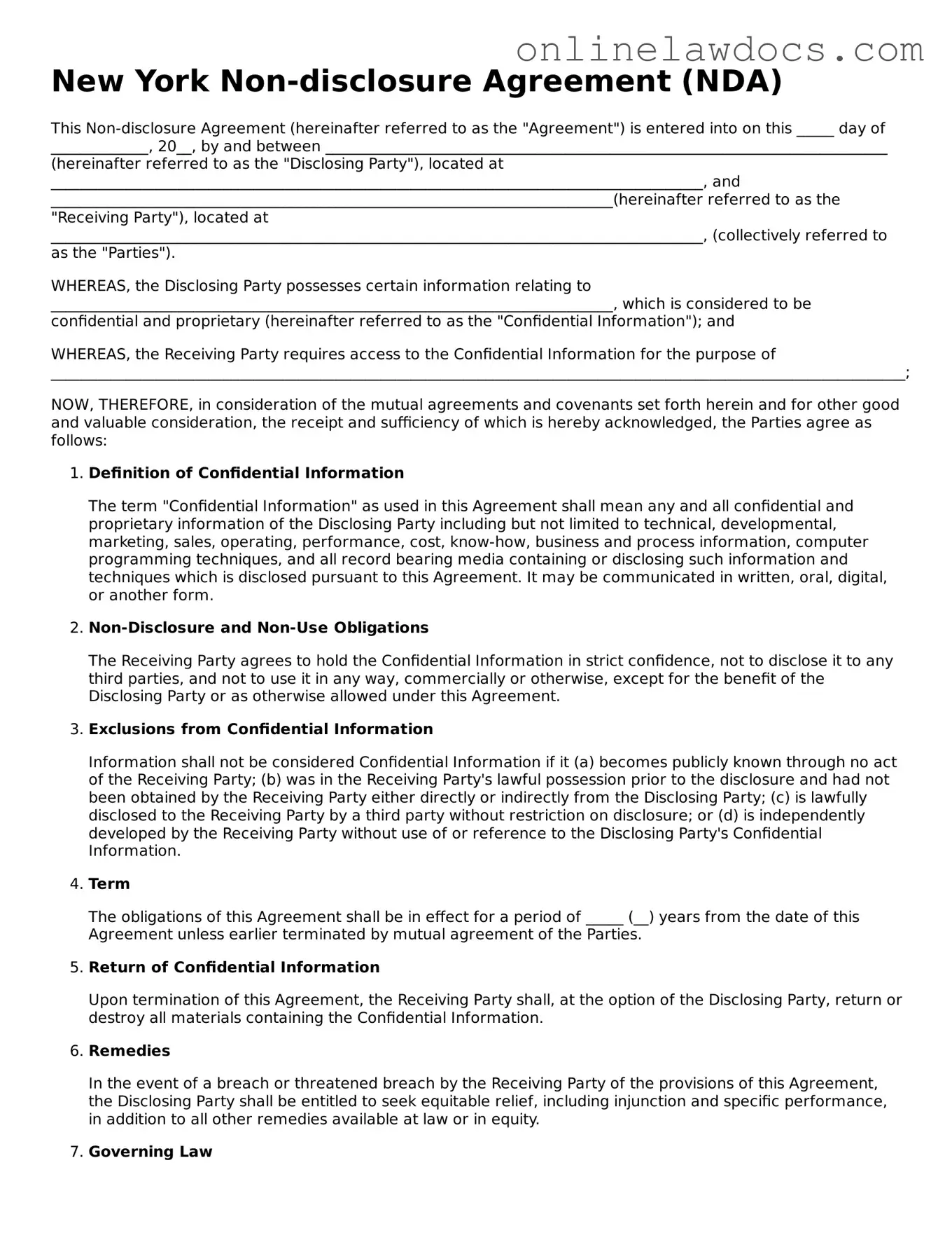 Legal  Non-disclosure Agreement Document for New York