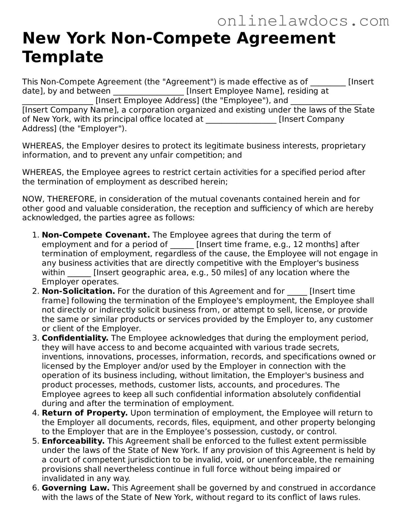 Legal  Non-compete Agreement Document for New York