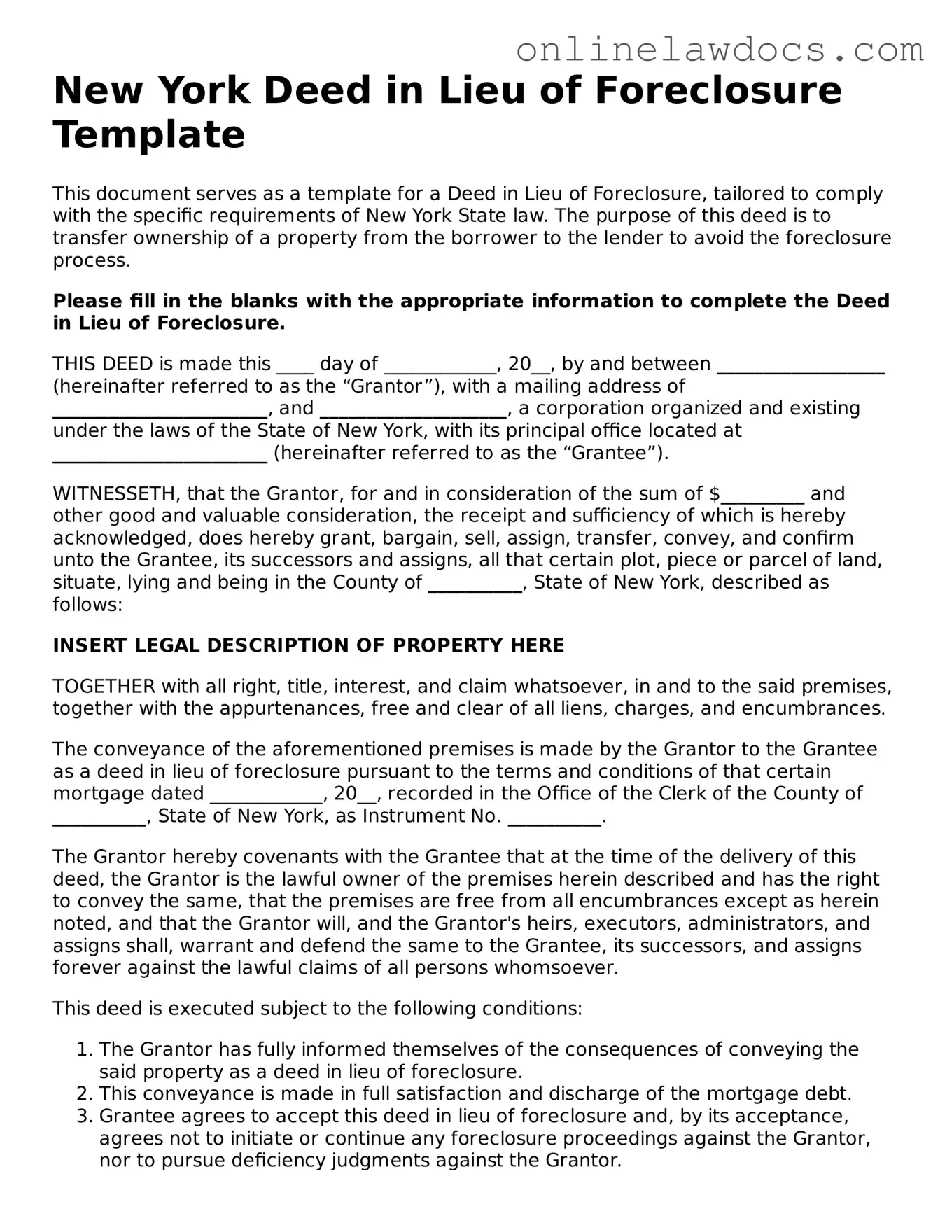 Legal  Deed in Lieu of Foreclosure Document for New York