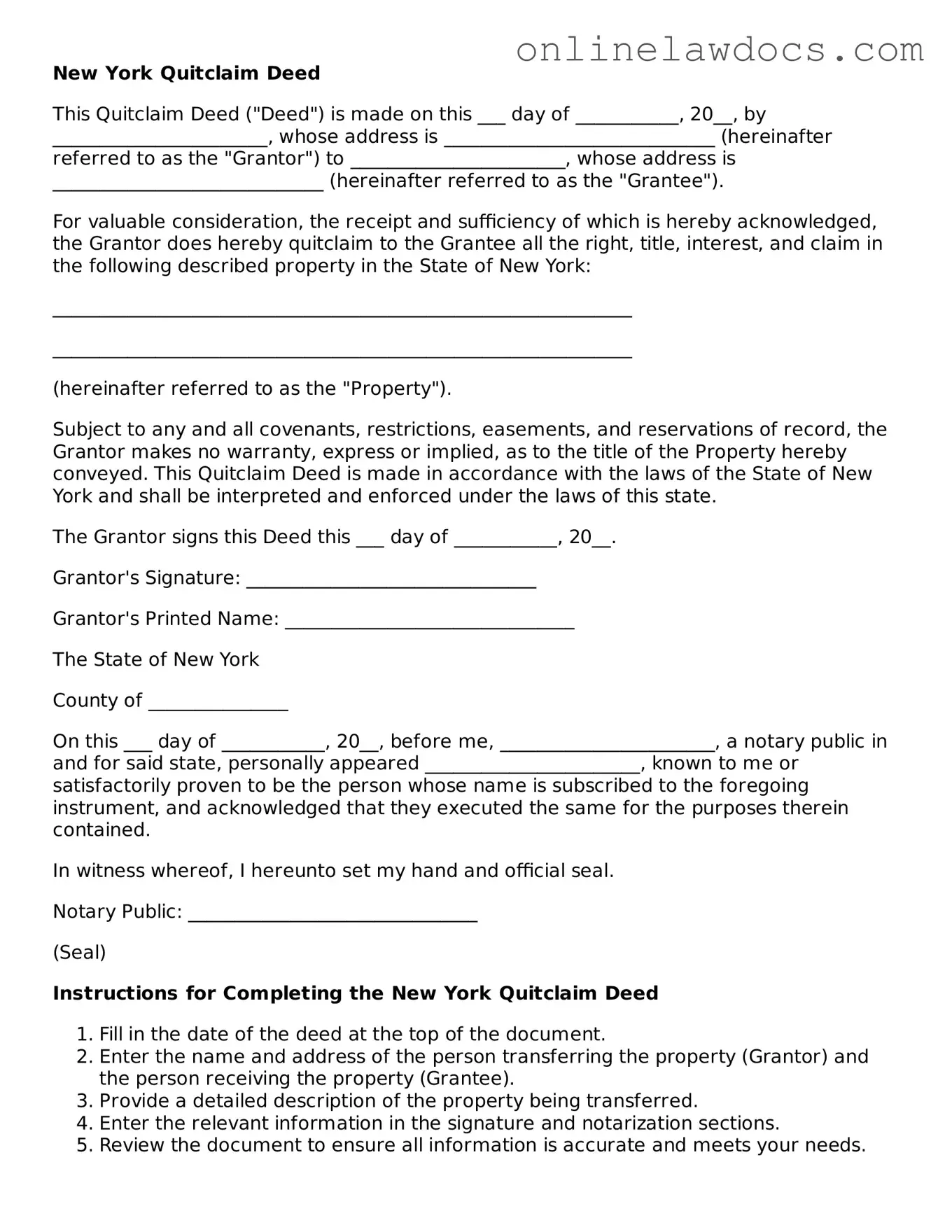 Legal  Quitclaim Deed Document for New York