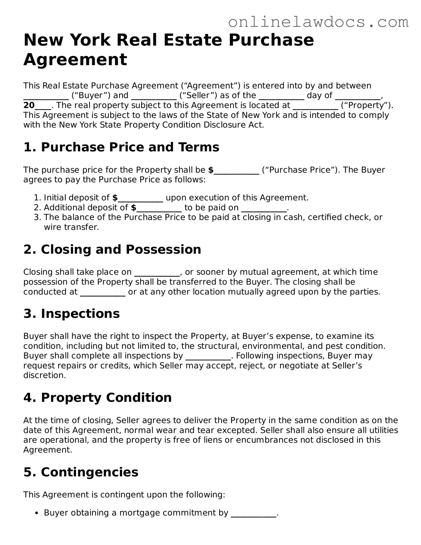 Legal  Real Estate Purchase Agreement Document for New York