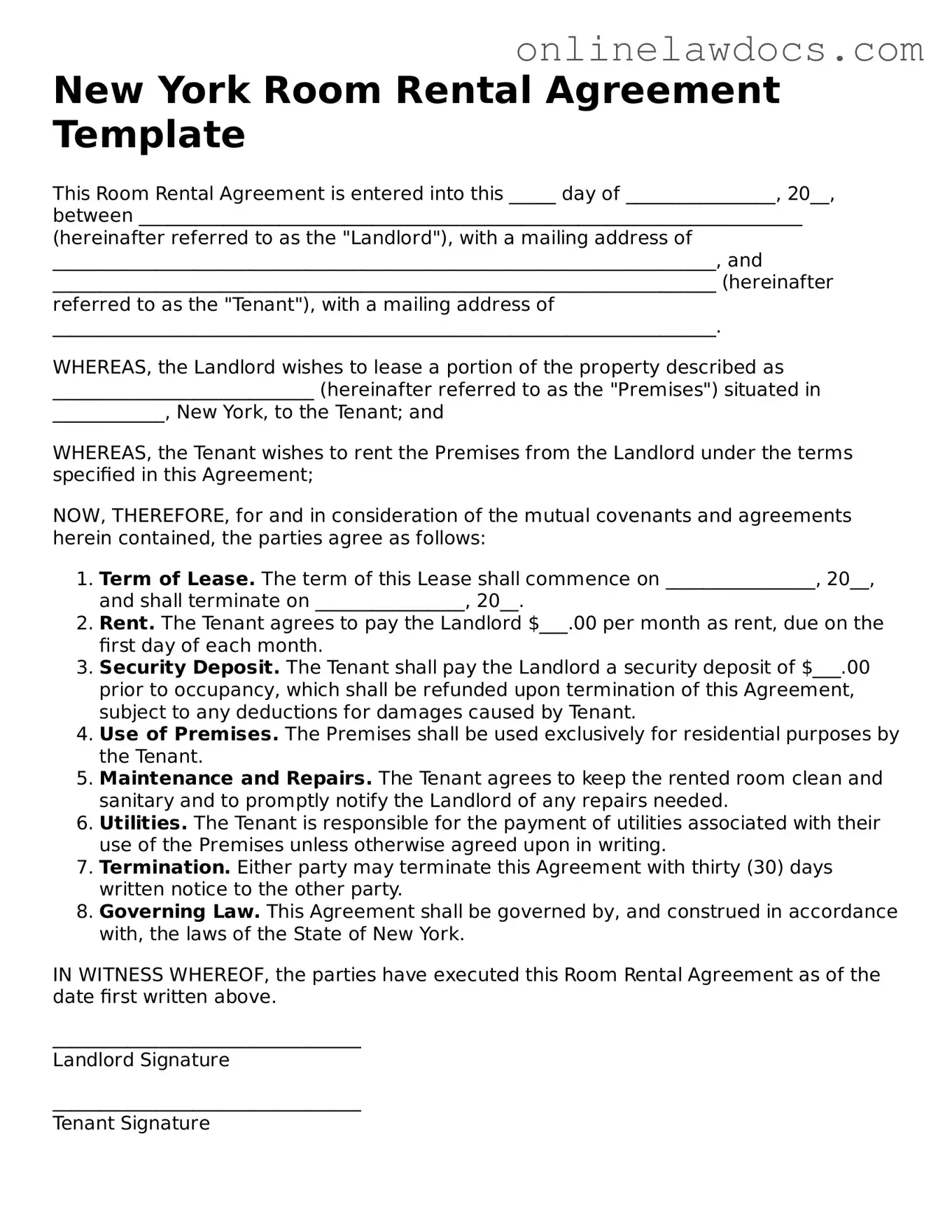 Legal  Room Rental Agreement Document for New York