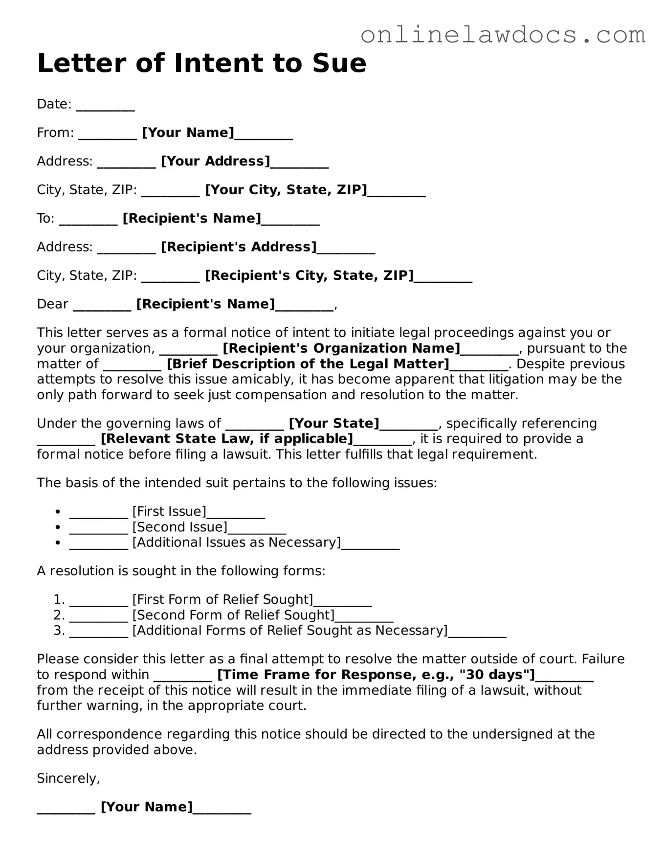 Free Letter of Intent to Sue Document
