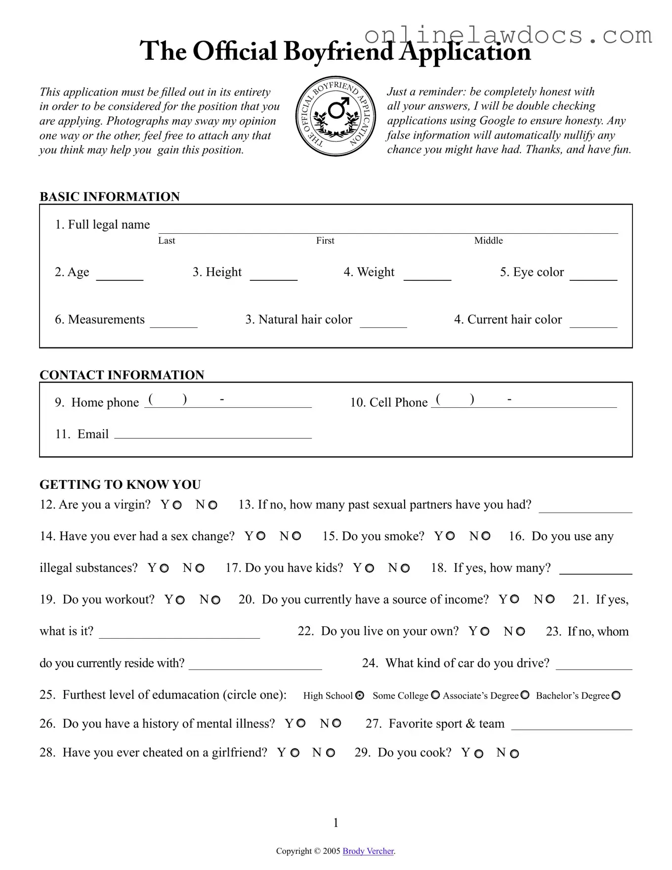 Fill a Valid Boyfriend application form Form