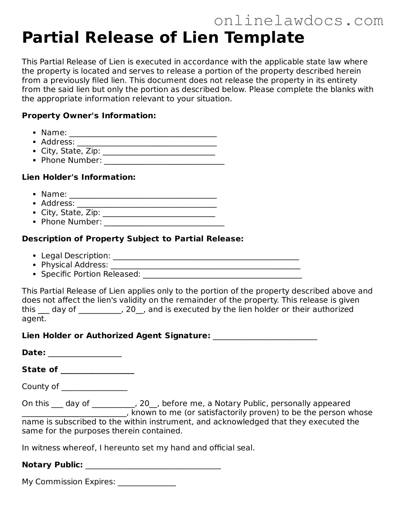 Free Partial Release of Lien Document