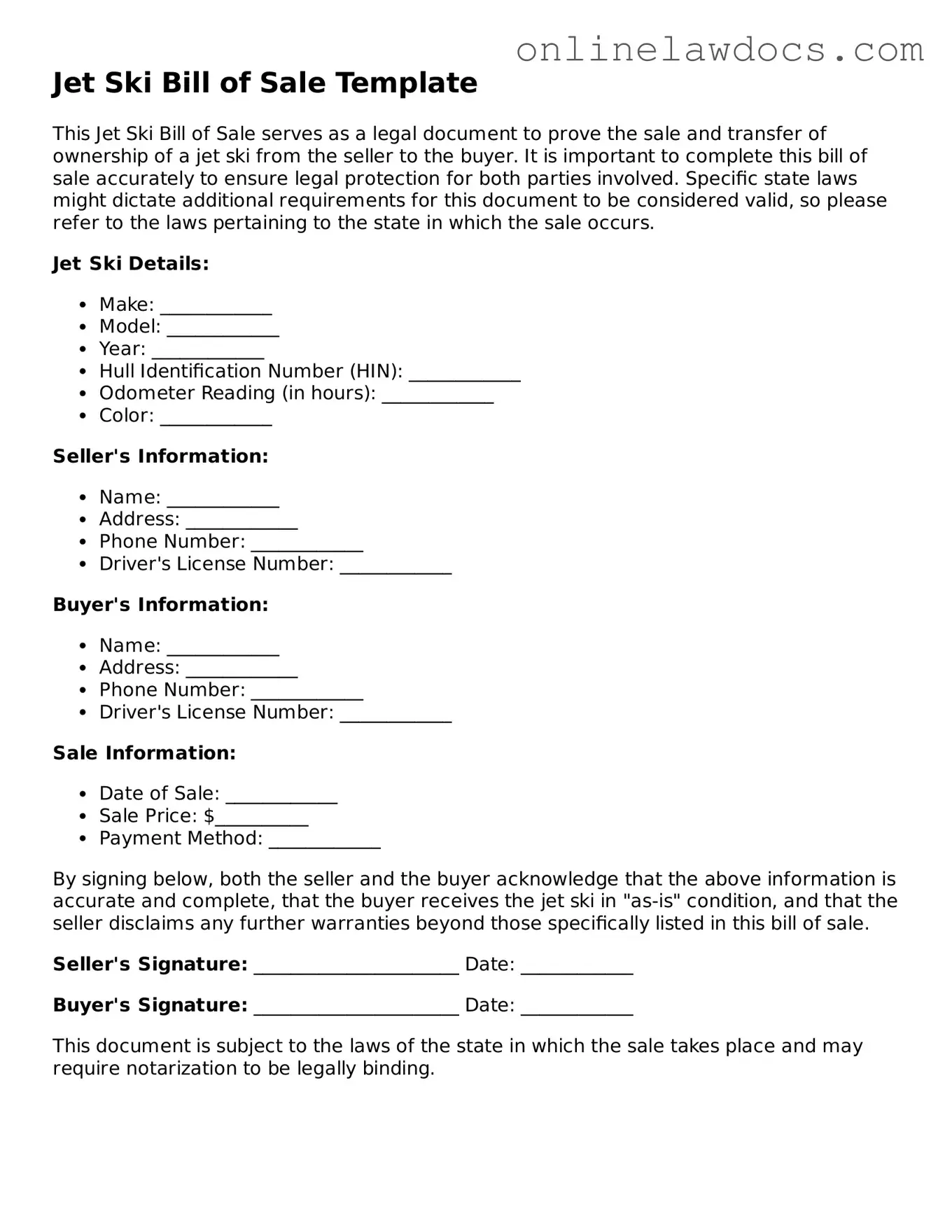 Free Jet Ski Bill of Sale Document