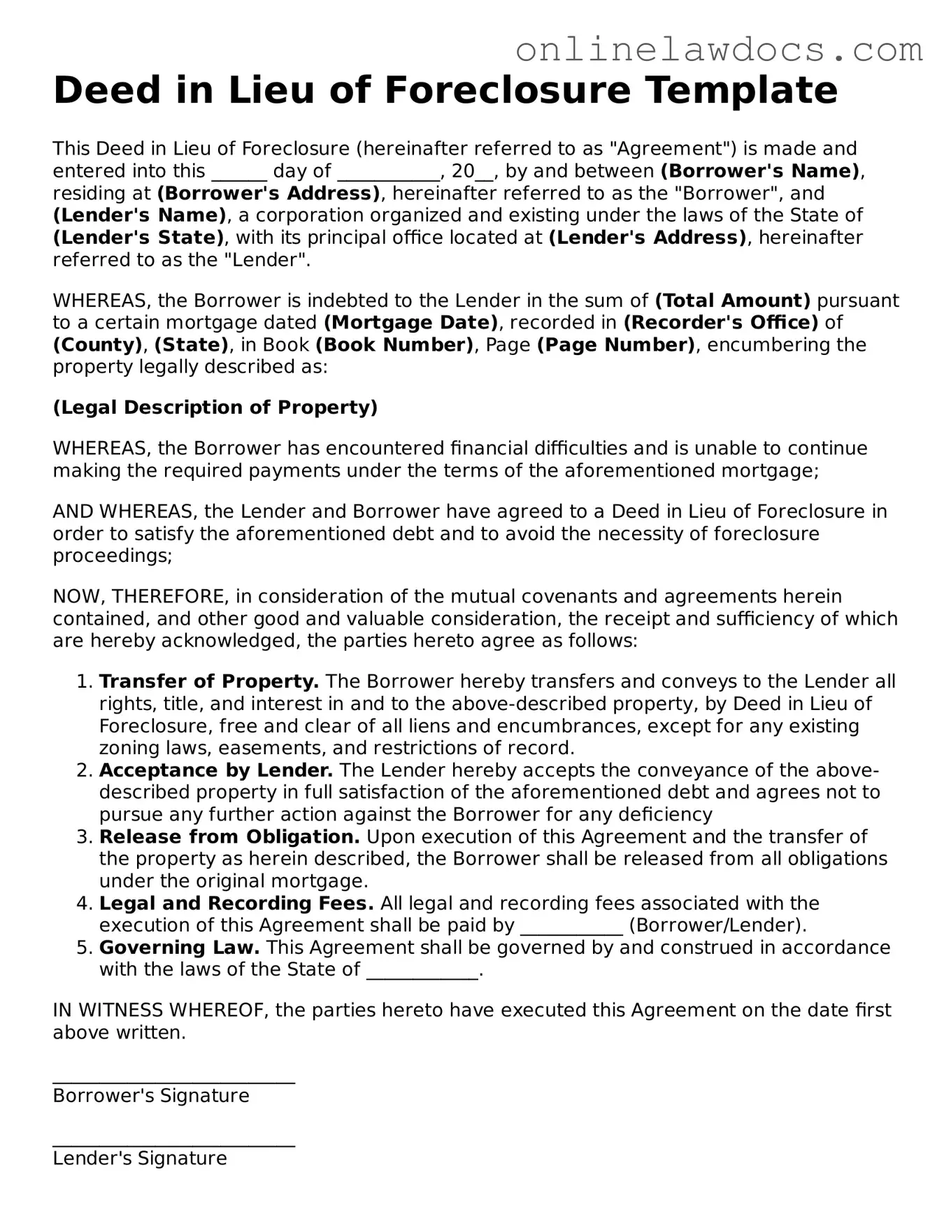 Free Deed in Lieu of Foreclosure Document