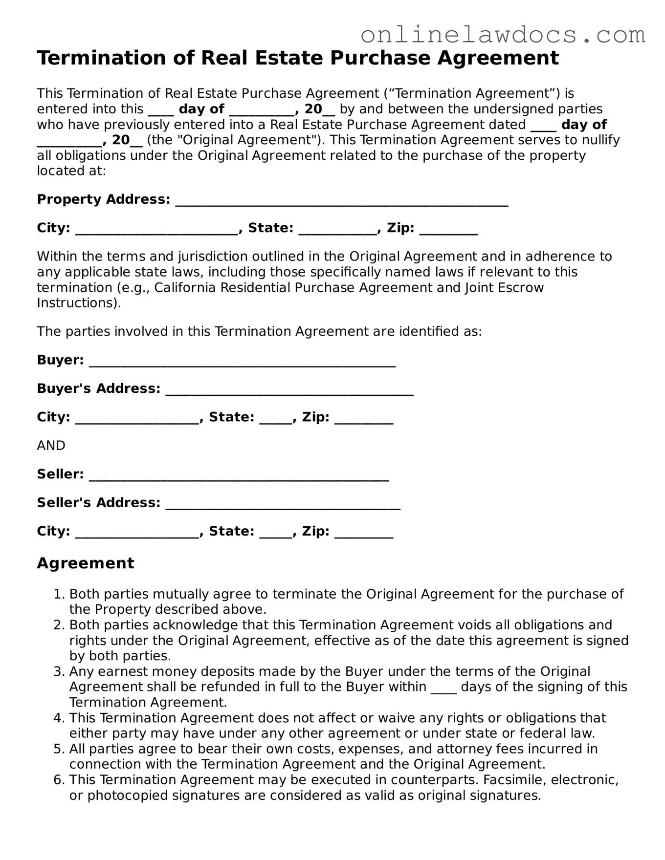 Free Termination of Real Estate Purchase Agreement Document
