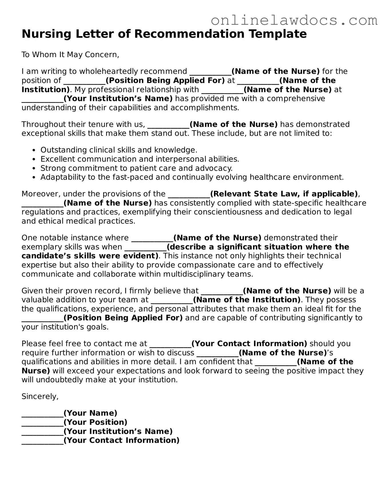 Free Nursing Letter of Recommendation Document