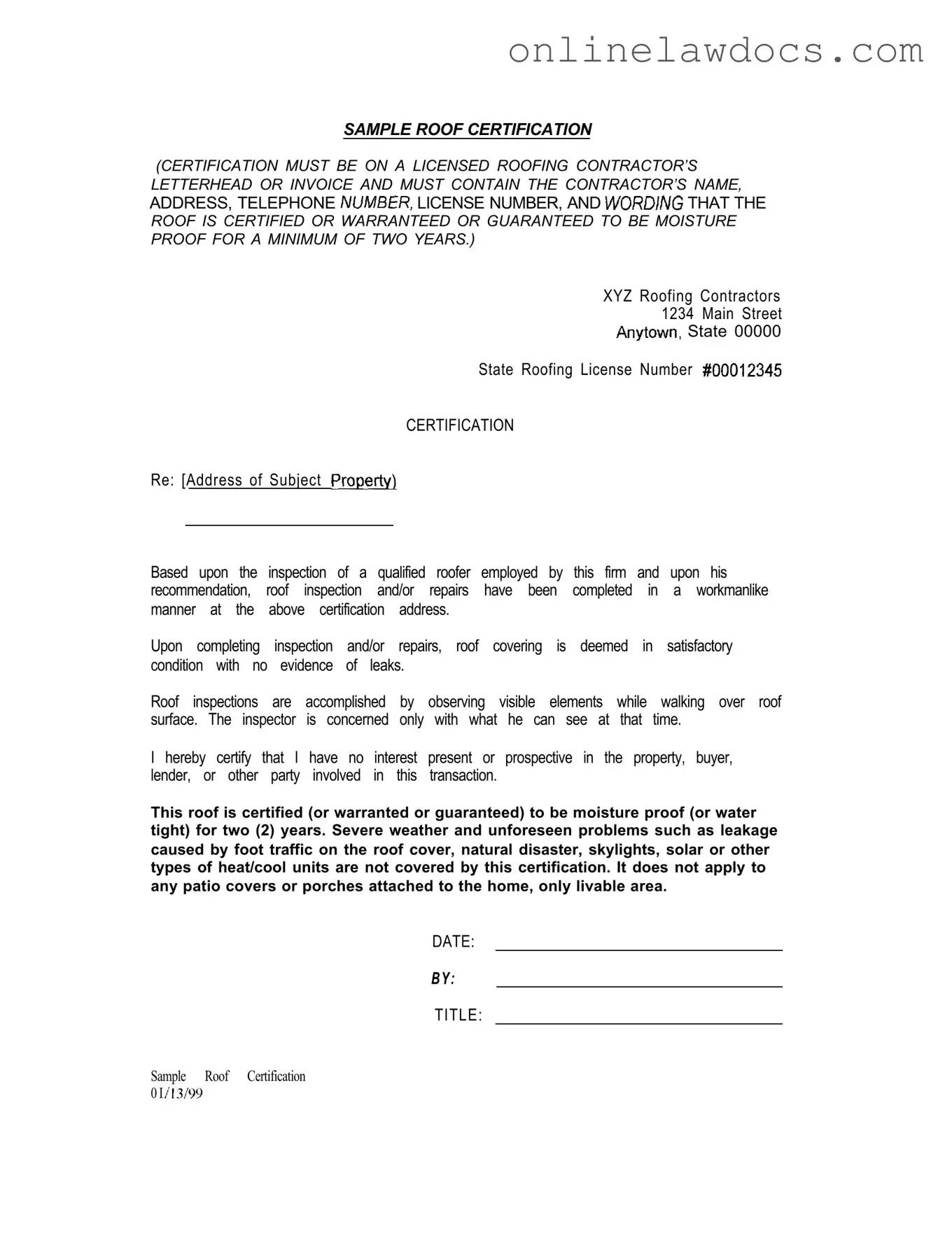 Fill a Valid Sample Roof Certification Form