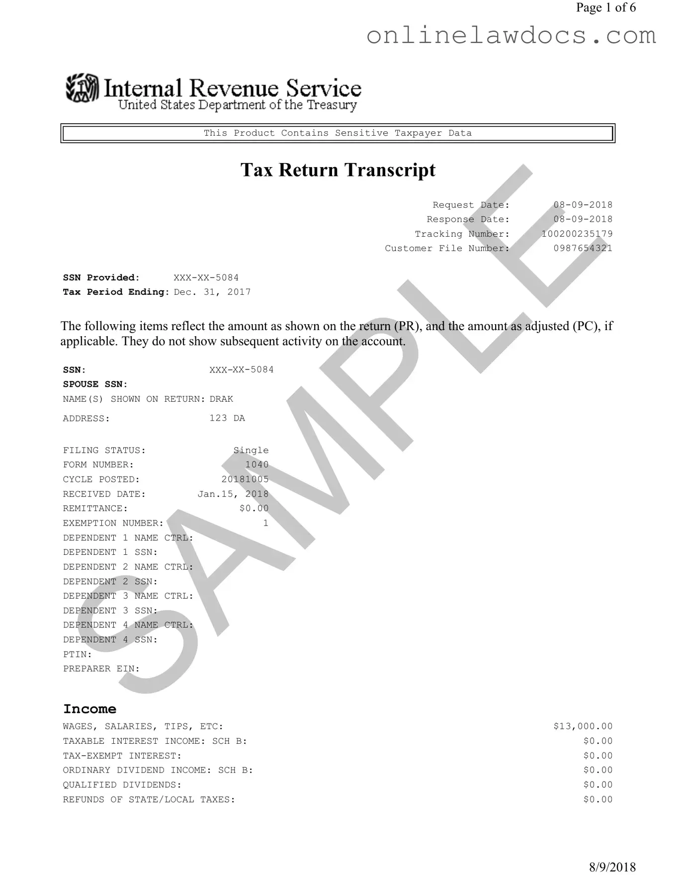 Fill a Valid Sample Tax Return Transcript Form