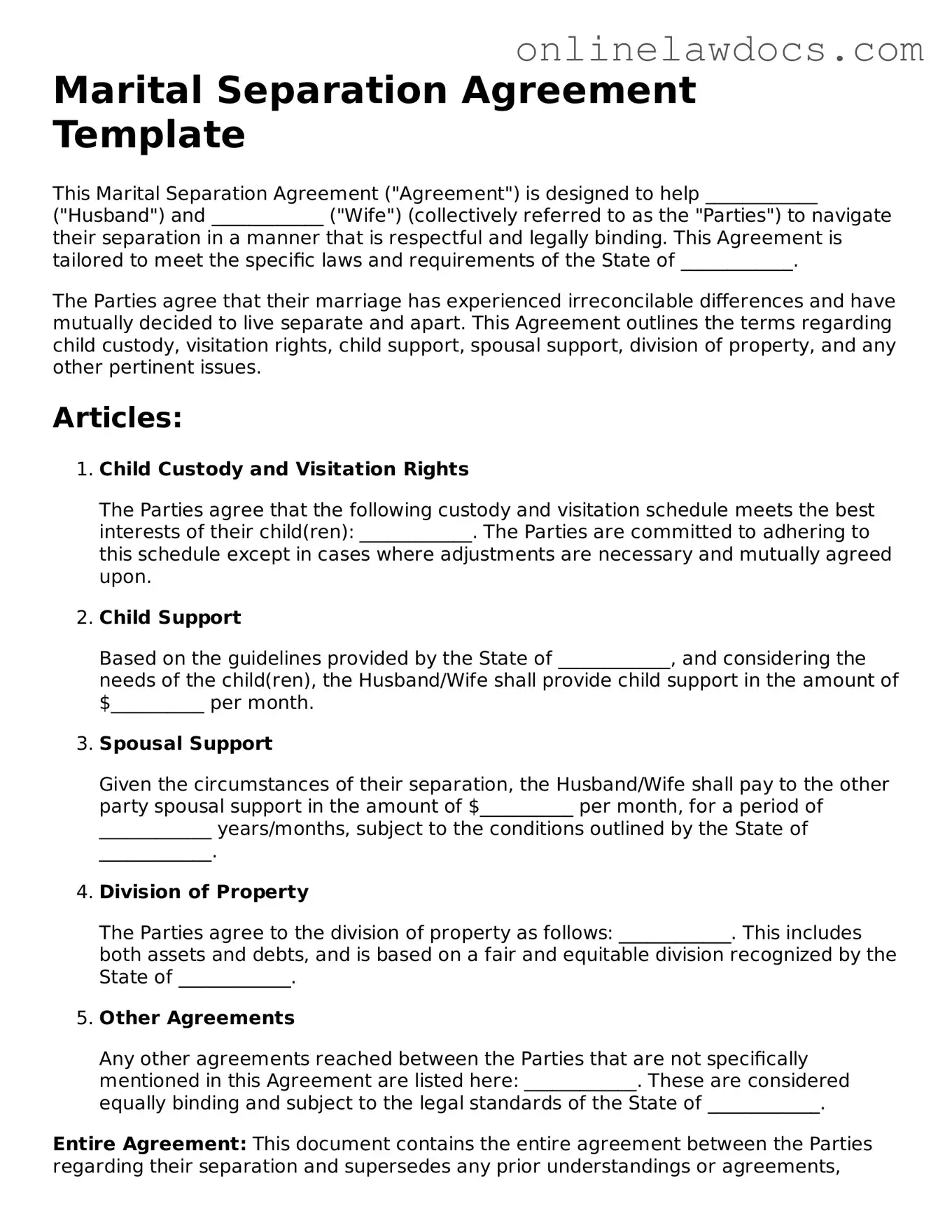 Free Marital Separation Agreement Document