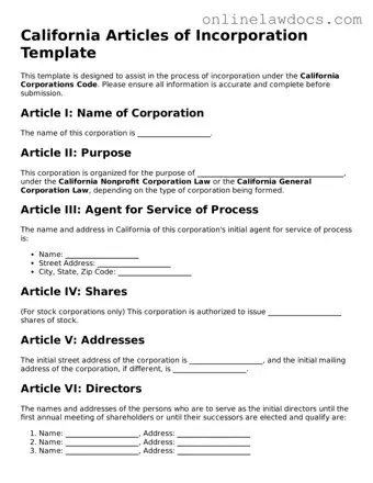 Legal  Articles of Incorporation Document for California