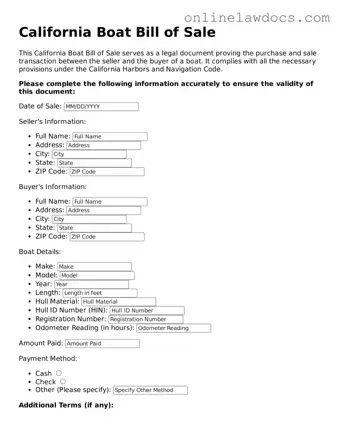 Legal  Boat Bill of Sale Document for California