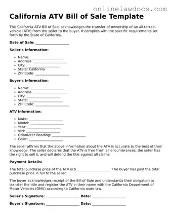 Legal  ATV Bill of Sale Document for California