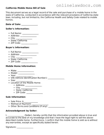 Legal  Mobile Home Bill of Sale Document for California