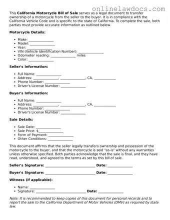 Legal  Motorcycle Bill of Sale Document for California