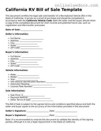 Legal  RV Bill of Sale Document for California
